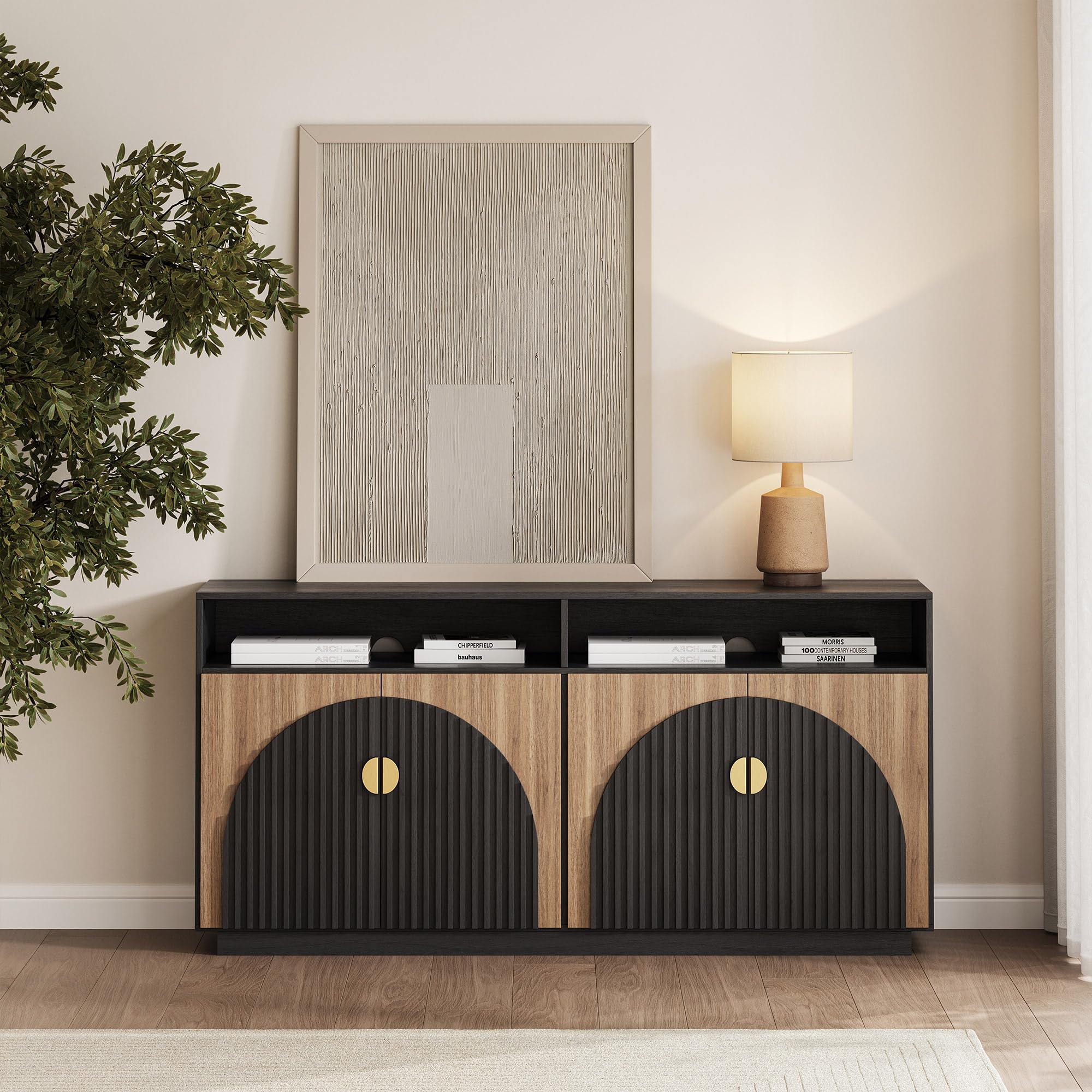 BELLEZE 65" Arched Sideboard with Glass Door, Accent Buffet Cabinet with Storage and Adjustable Shelves, Classic Modern Large Console Table for Dining Room Living Room Entryway (Camel)