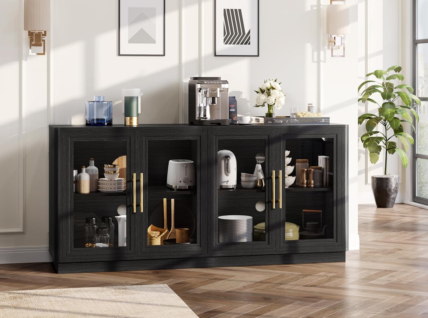 NEWOWNDS Buffet Cabinet with Storage,63" Large Dining Room Furniture Sideboard Buffet Table with 4 Glass Doors, Glass Display Cabinet,for Kitchen,Modern, Black