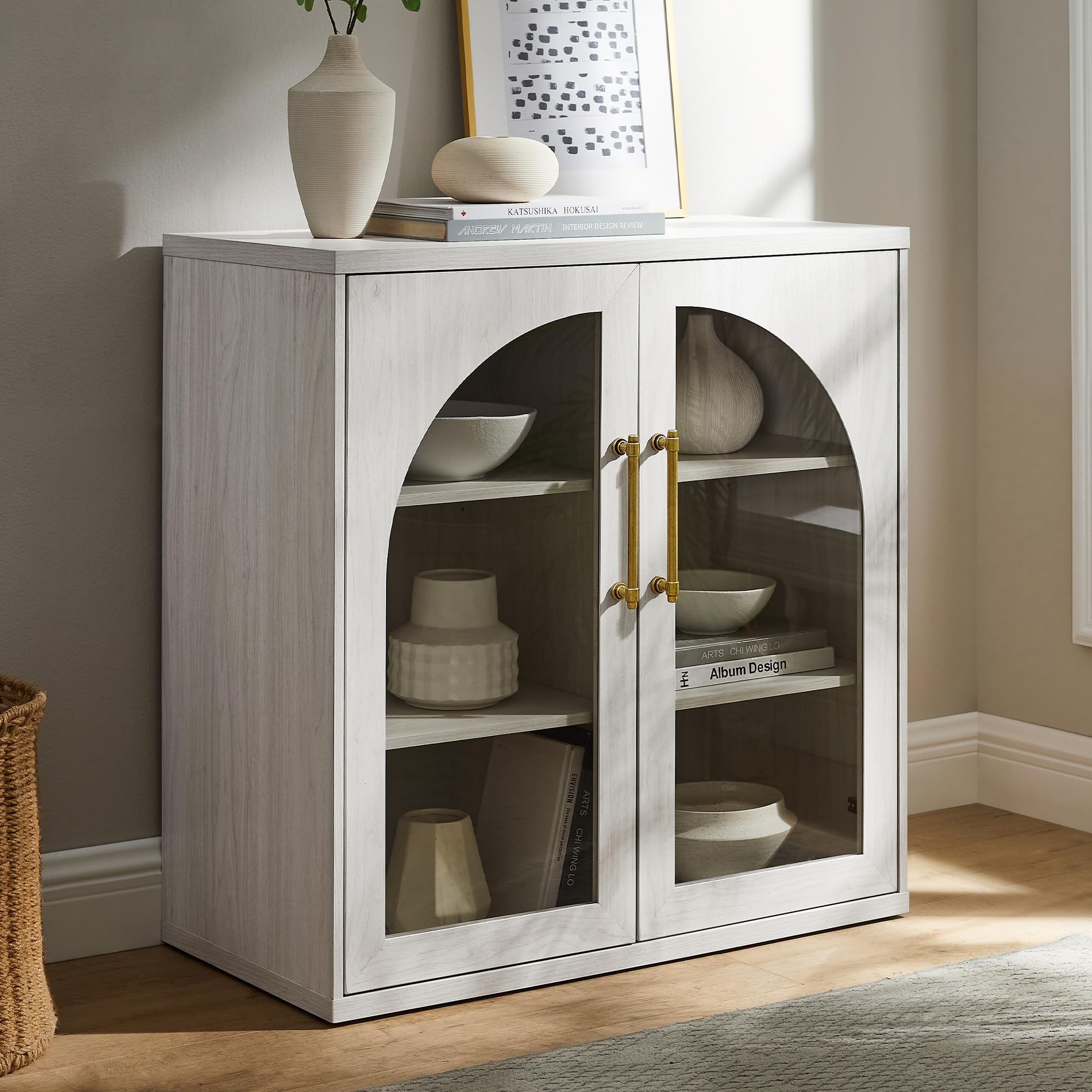 ACCOHOHO Glass Arched Door Sideboard Buffet Cabinet Set of 2, Accent Cabinet with Adjustable Shelf, Wood Modular Credenza Storage Cabinet for Dining Room, Living Room, Entryway, Natural Oak