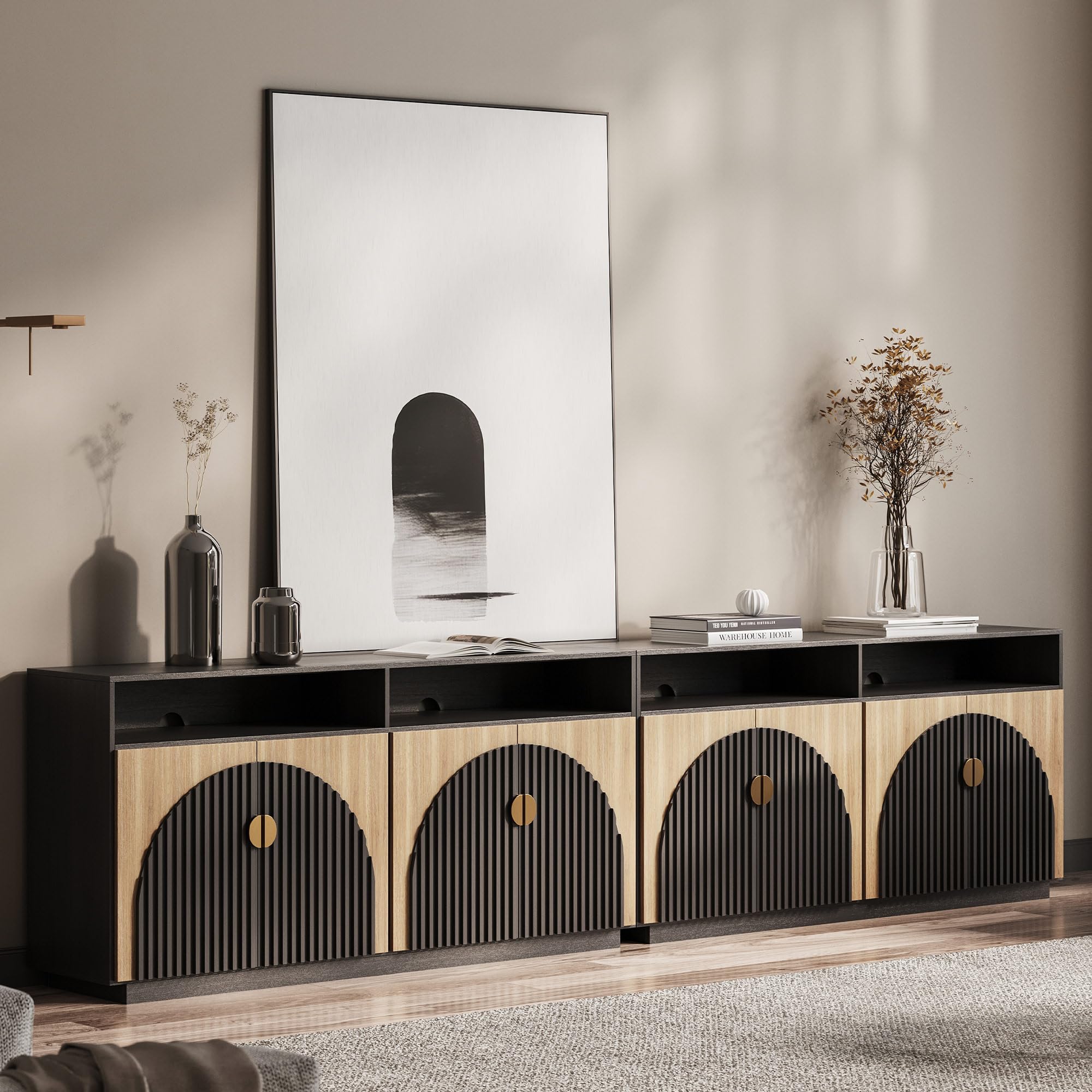 BELLEZE 65" Arched Sideboard with Glass Door, Accent Buffet Cabinet with Storage and Adjustable Shelves, Classic Modern Large Console Table for Dining Room Living Room Entryway (Camel)