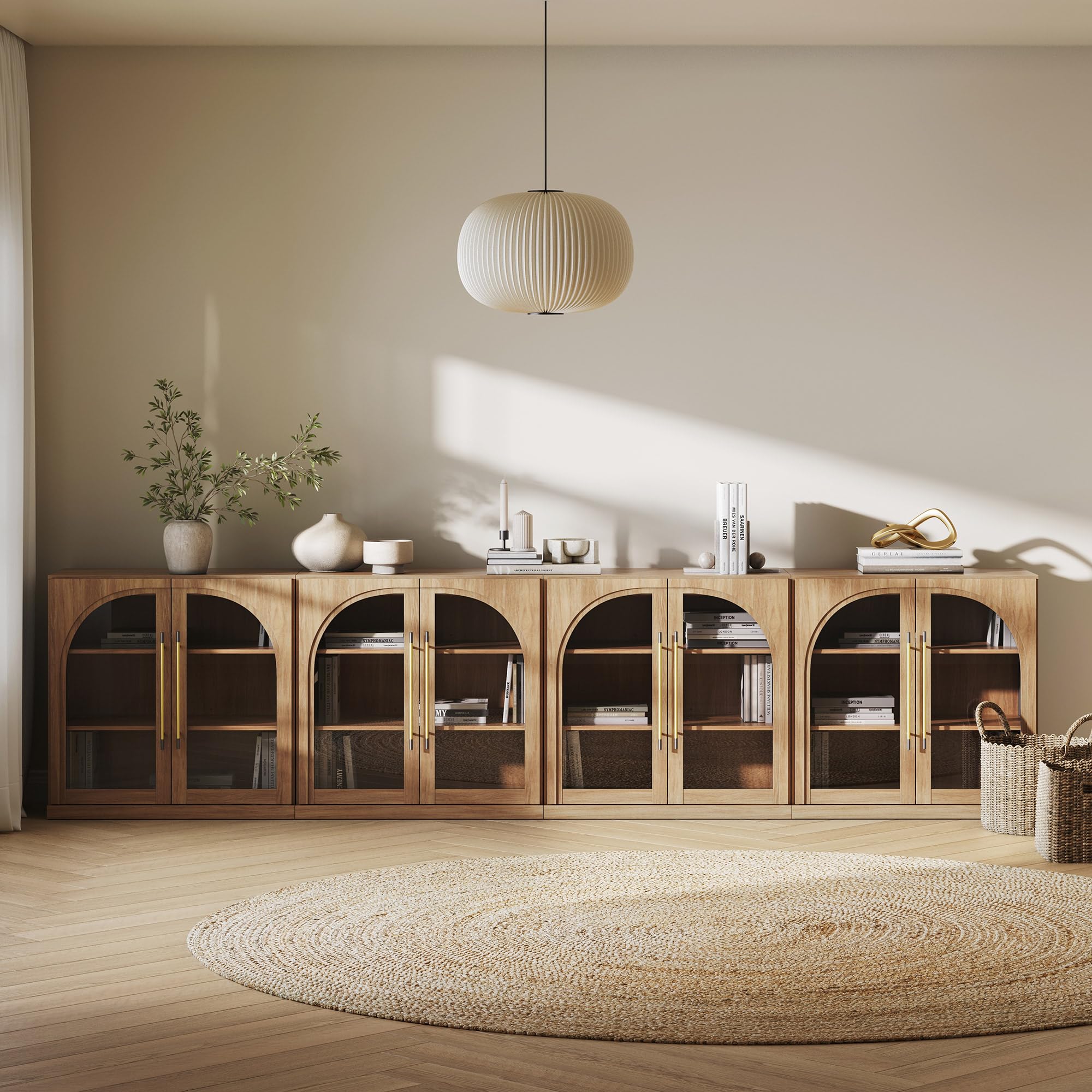 BELLEZE 65" Arched Sideboard with Glass Door, Accent Buffet Cabinet with Storage and Adjustable Shelves, Classic Modern Large Console Table for Dining Room Living Room Entryway (Ebony)