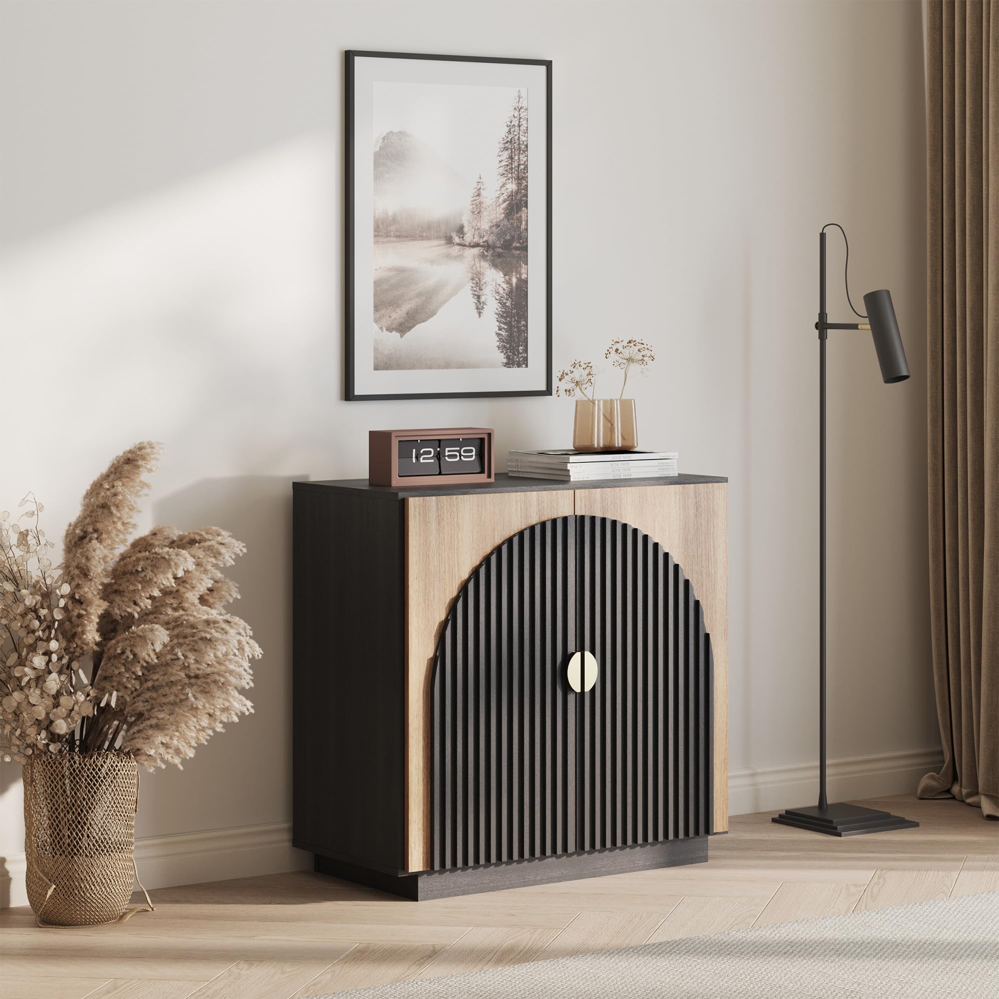 BELLEZE 65" Arched Sideboard with Glass Door, Accent Buffet Cabinet with Storage and Adjustable Shelves, Classic Modern Large Console Table for Dining Room Living Room Entryway (Camel)