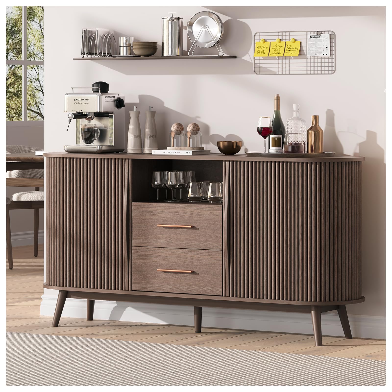 Jiansu furni,63" Sideboard Buffet Cabinet with Arched Glass Doors, Modern Black Kitchen Credenza with Storage, Heavy Duty Coffee Bar Console Table for Dining Room, Living Room, Entryway