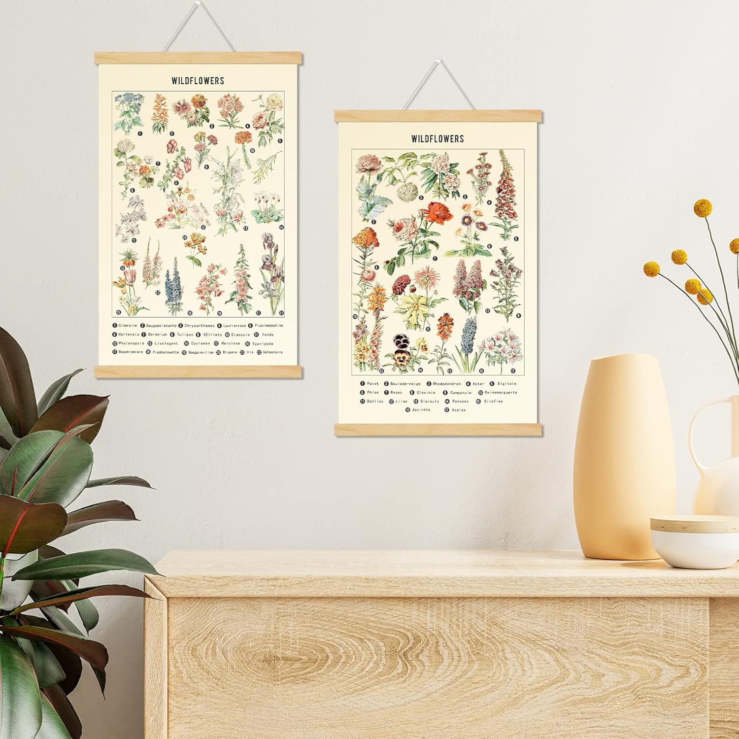 Chenkaiyang 2 Pcs Vintage Poster Hanging,Flowers Wall Hanging Botanical Rustic Retro Colorful Wall Art Prints Flower Chart Posterfor Living Room Bedroom Office Play Room Decor,12.7 X 21.6 Inch