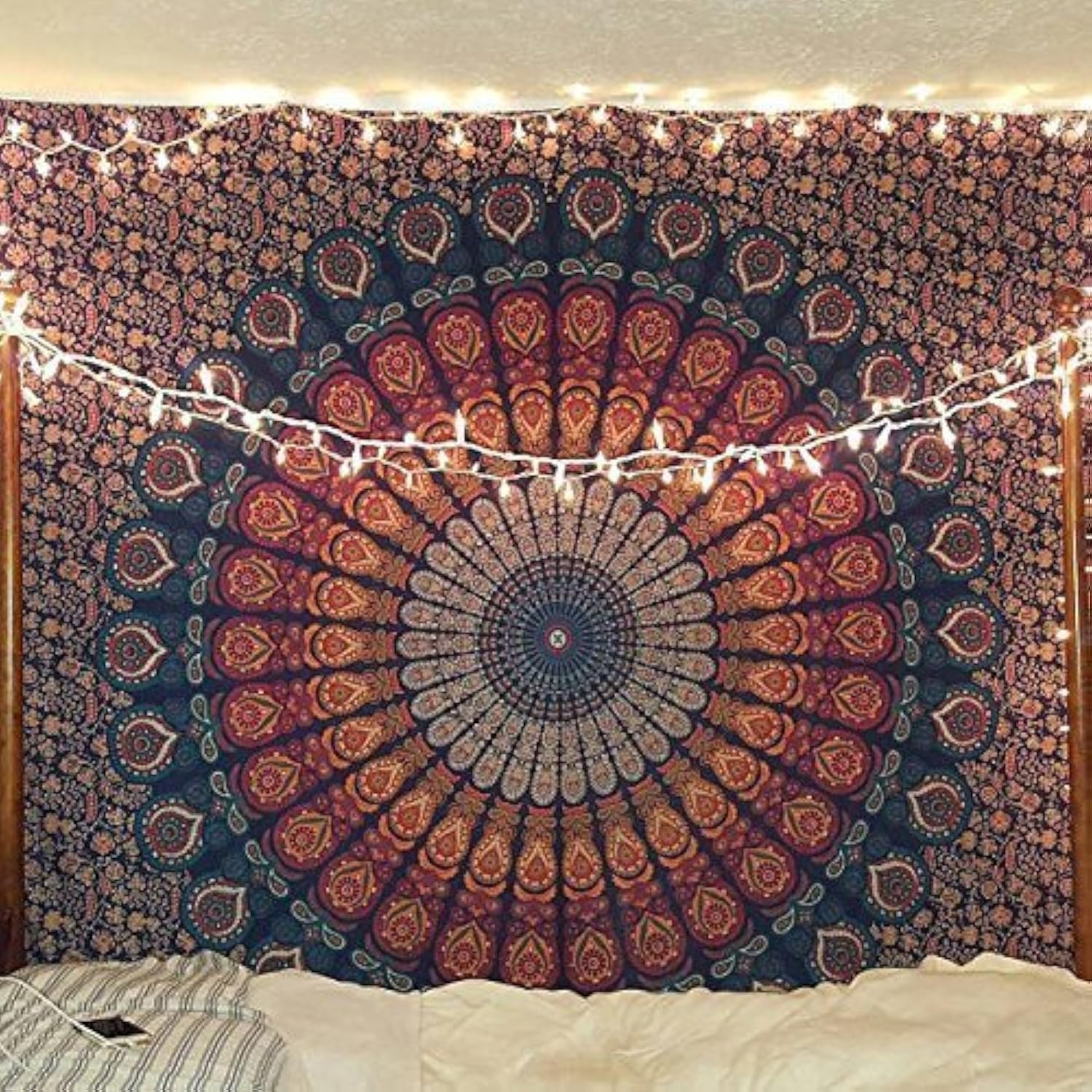 Bless International Handmade Indian hippie Bohemian Psychedelic Peacock Mandala Wall hanging College Dorm Beach Throws Table Cloth Bedding Tapestry (Blue Green, Queen(84x90Inches)(215x230Cms))
