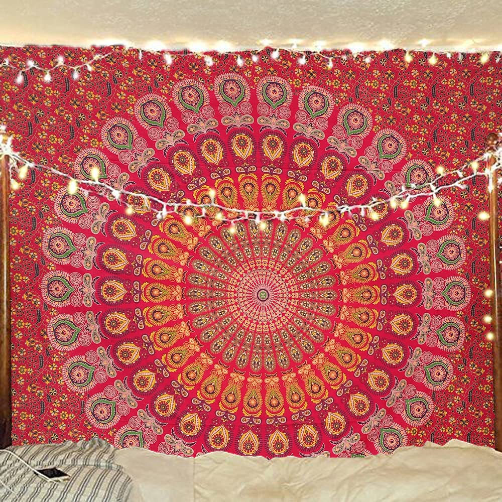 Bless International Handmade Indian hippie Bohemian Psychedelic Peacock Mandala Wall hanging College Dorm Beach Throws Table Cloth Bedding Tapestry (Blue Green, Queen(84x90Inches)(215x230Cms))