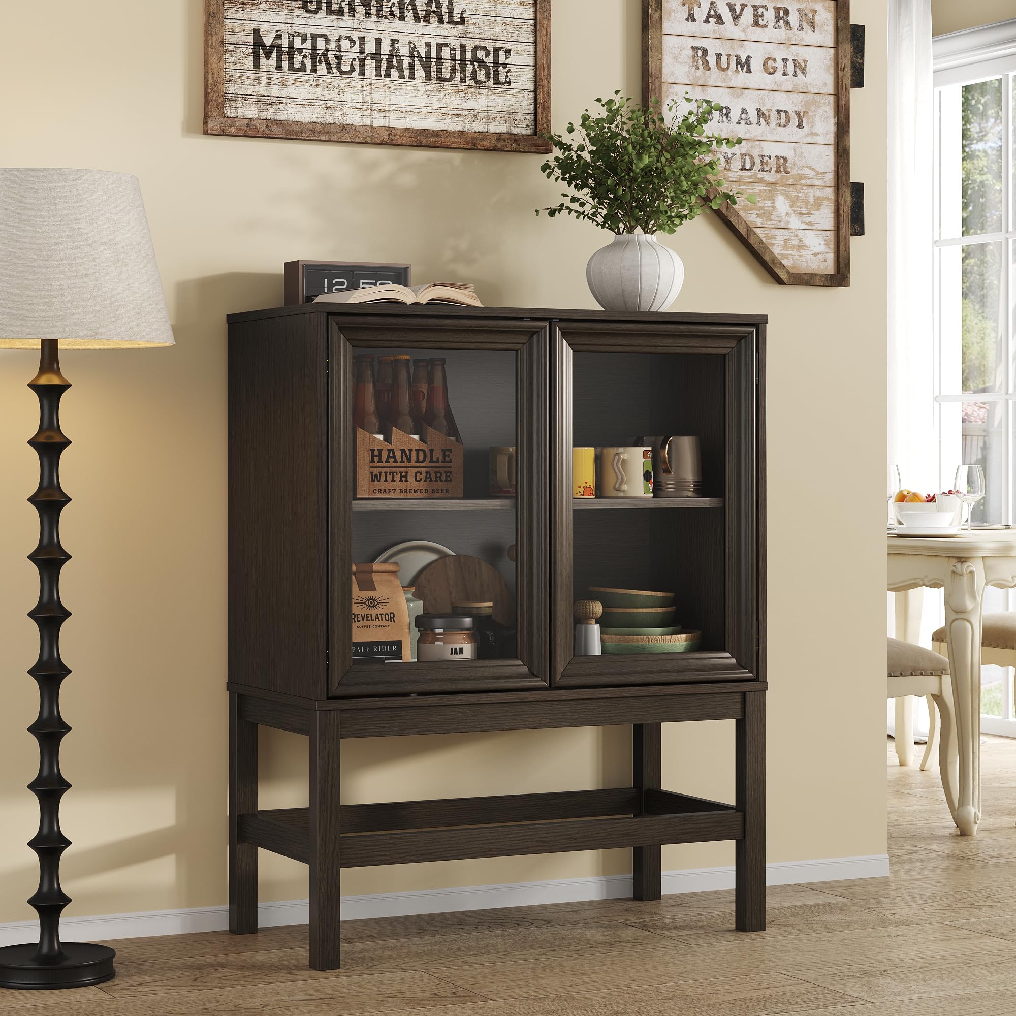 Sideboard Buffet Cabinet with Storage, Large Kitchen Coffee Wine Bar Cabinet with Glass Press-to-Open Doors, Wood Mid Century Modern Side Board Table for Dining Room, Living Room