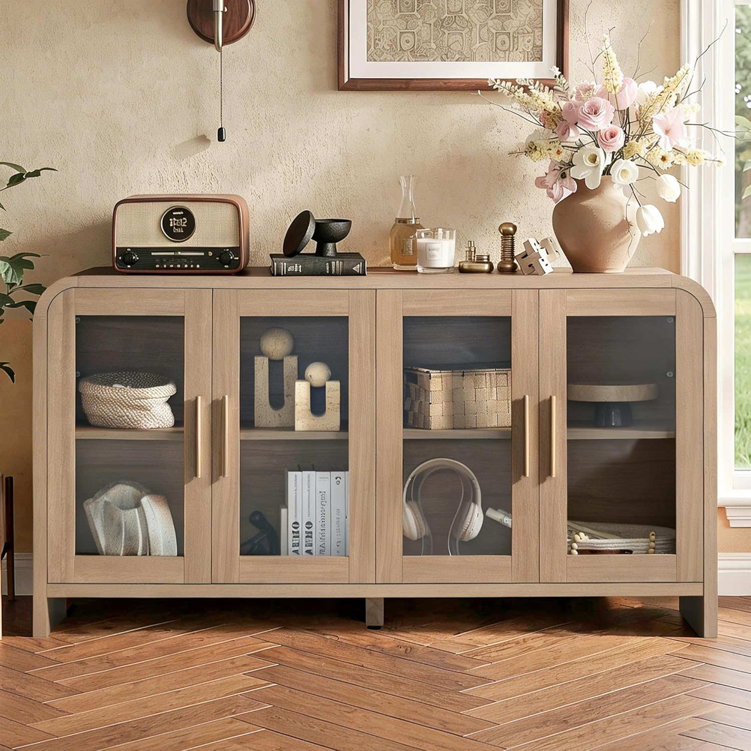 59" Sideboard Buffet Cabinet with Storage, Sideboard Cabinet with Adjustable Shelves & 4 Glass Doors,Coffee Bar Console Table for Kitchen, Living Room, Entryway (Natural Oak)