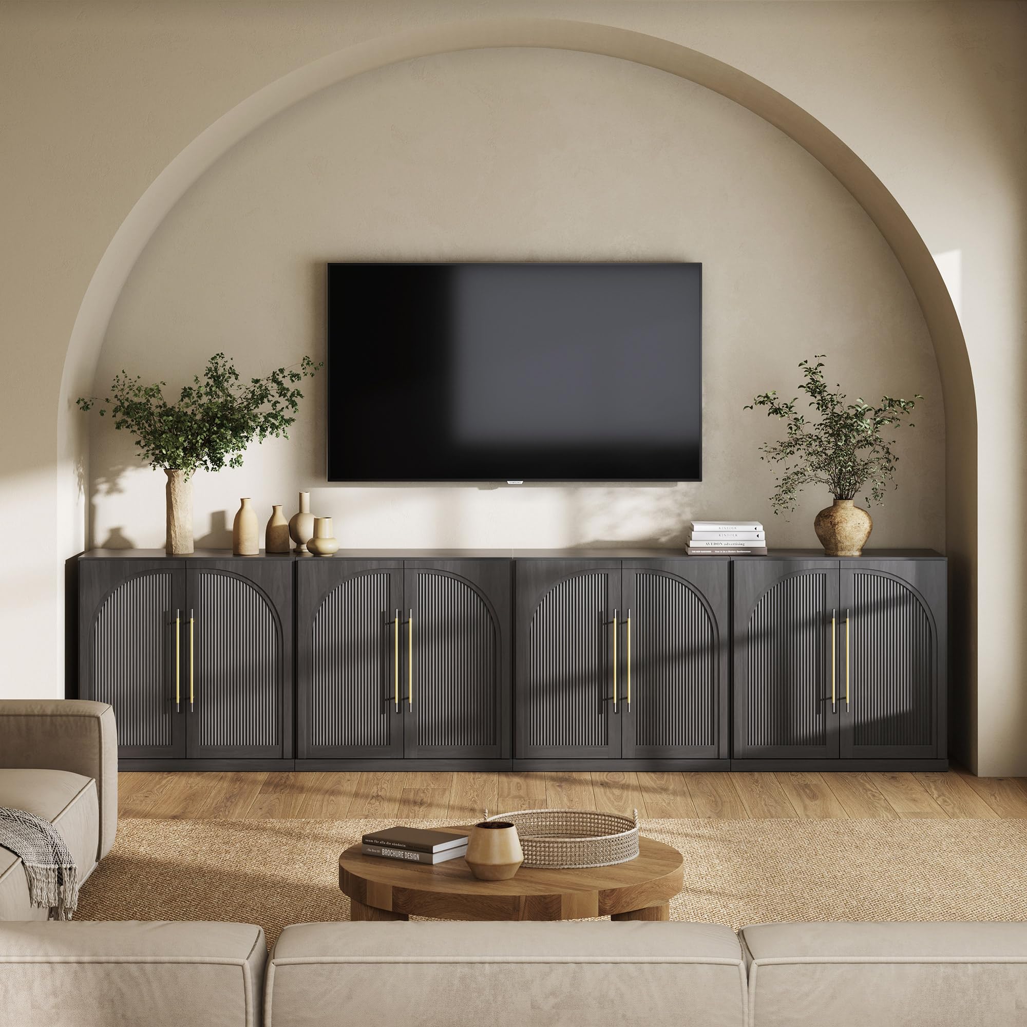 BELLEZE 65" Arched Sideboard with Glass Door, Accent Buffet Cabinet with Storage and Adjustable Shelves, Classic Modern Large Console Table for Dining Room Living Room Entryway (Ebony)