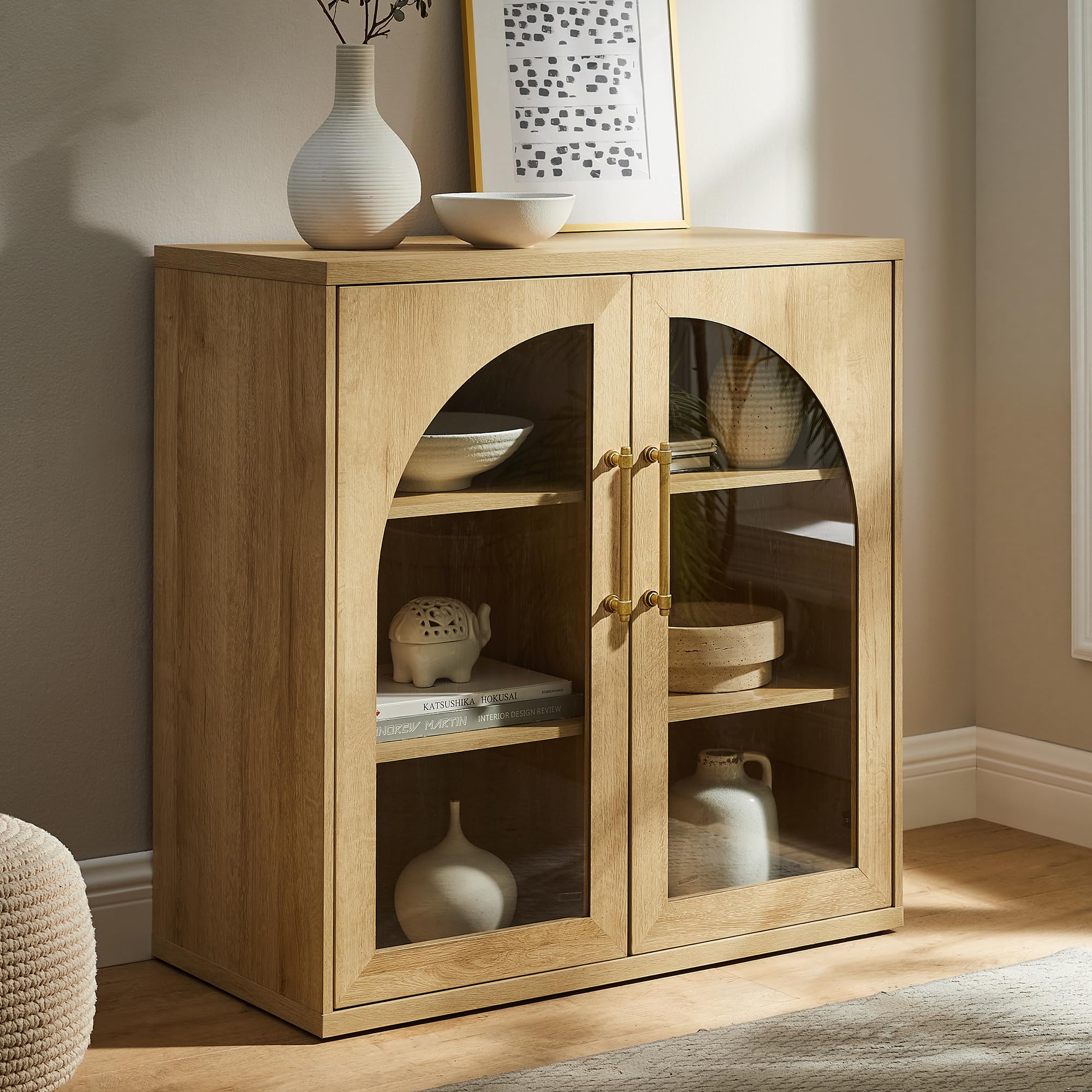 ACCOHOHO Glass Arched Door Sideboard Buffet Cabinet Set of 2, Accent Cabinet with Adjustable Shelf, Wood Modular Credenza Storage Cabinet for Dining Room, Living Room, Entryway, Natural Oak