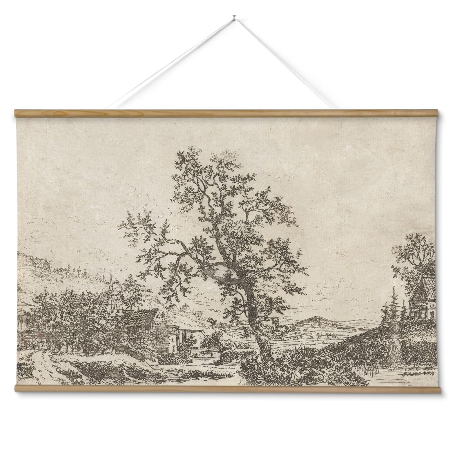 ARPEOTCY Extra Large Vintage Framed Wall Art, 36x54 Inch Farmhouse Retro Meadow Landscape Hanging Framed Canvas Wall Art, Large Rustic Home Decor for Living Room Office Bedroom Above of Bed