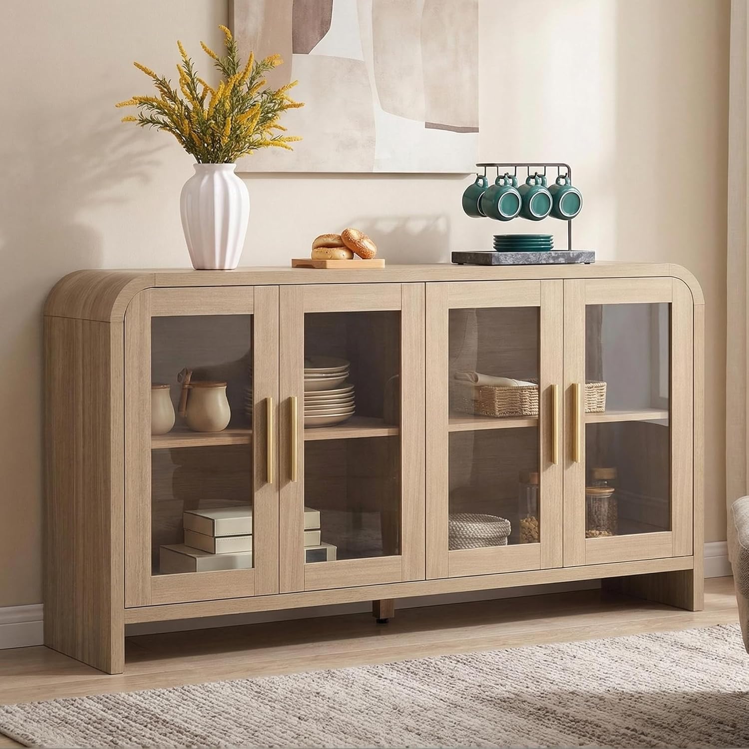 59" Sideboard Buffet Cabinet with Storage, Sideboard Cabinet with Adjustable Shelves & 4 Glass Doors,Coffee Bar Console Table for Kitchen, Living Room, Entryway (Natural Oak)