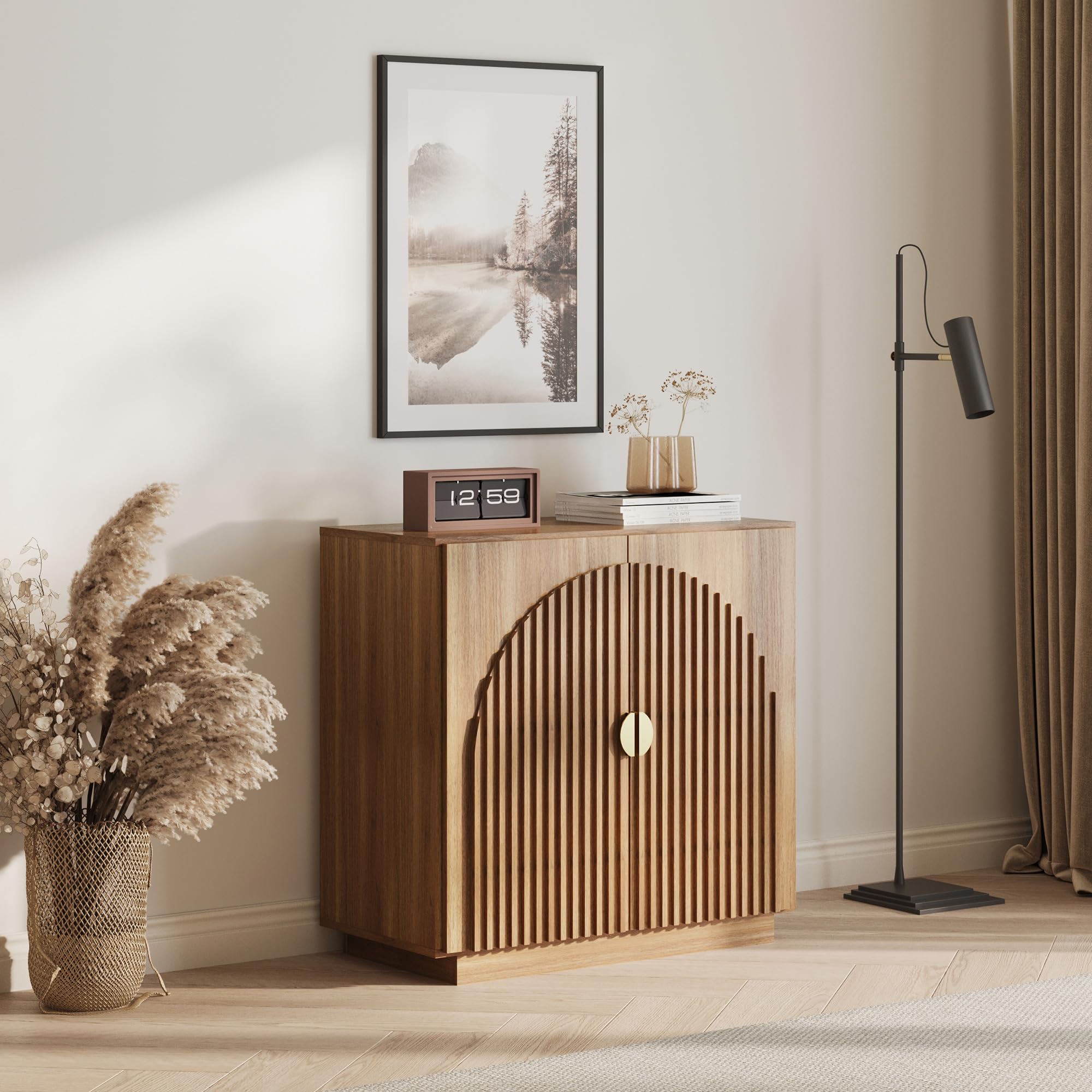 BELLEZE 65" Arched Sideboard with Glass Door, Accent Buffet Cabinet with Storage and Adjustable Shelves, Classic Modern Large Console Table for Dining Room Living Room Entryway (Camel)