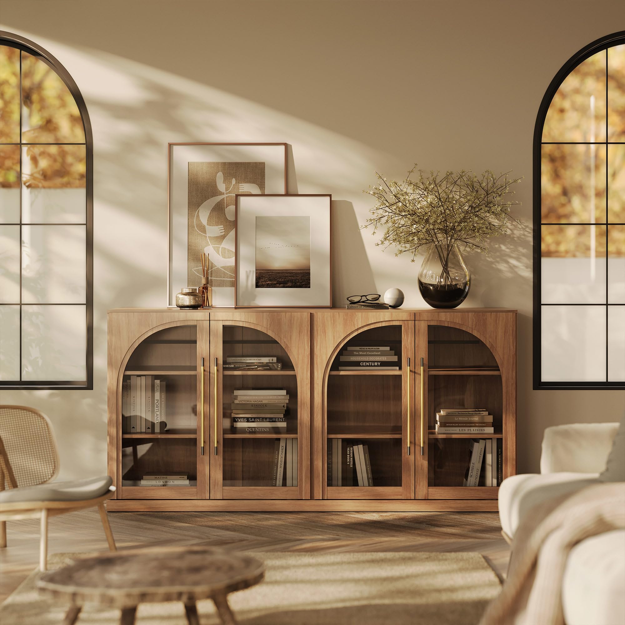 BELLEZE 65" Arched Sideboard with Glass Door, Accent Buffet Cabinet with Storage and Adjustable Shelves, Classic Modern Large Console Table for Dining Room Living Room Entryway (Ebony)