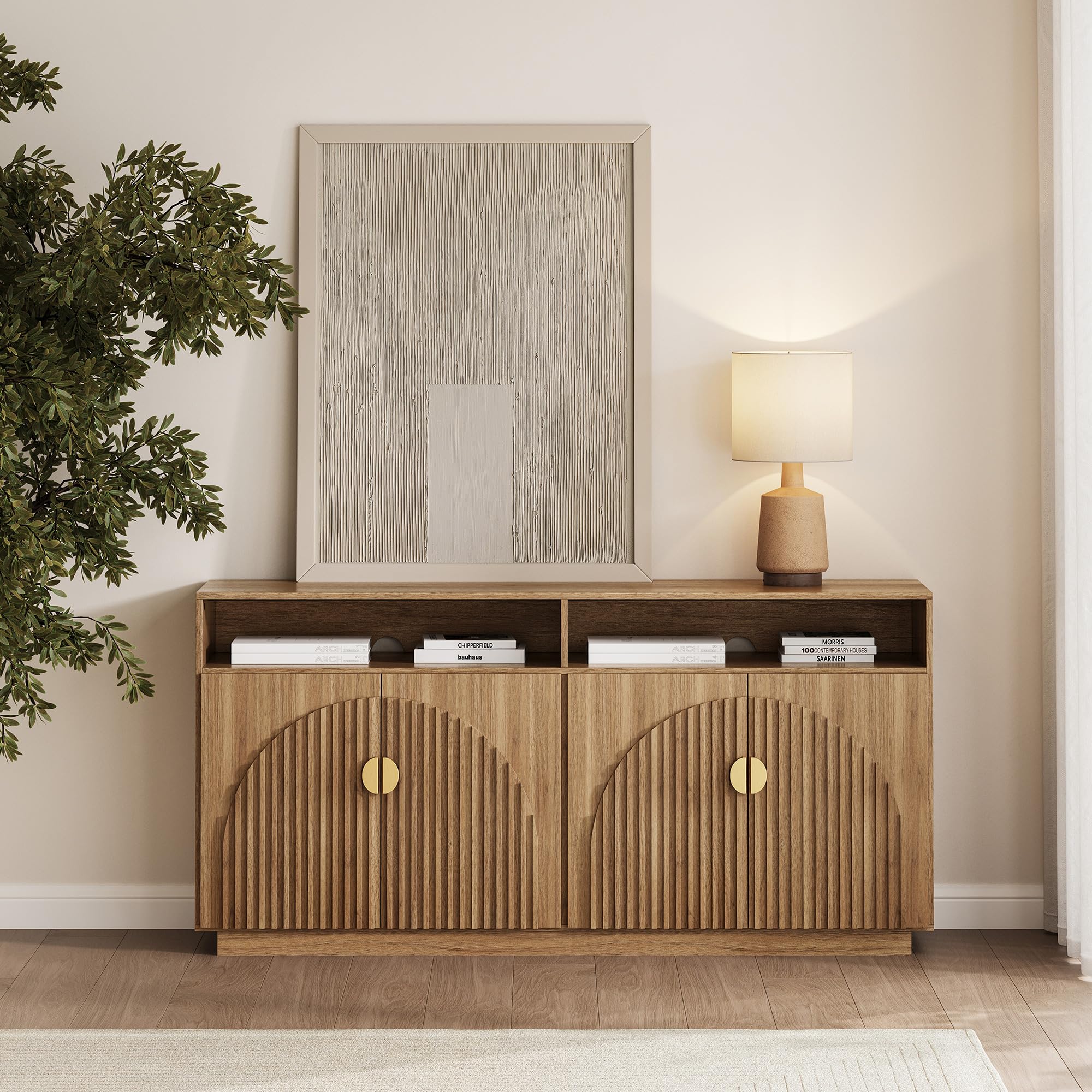 BELLEZE 65" Arched Sideboard with Glass Door, Accent Buffet Cabinet with Storage and Adjustable Shelves, Classic Modern Large Console Table for Dining Room Living Room Entryway (Camel)