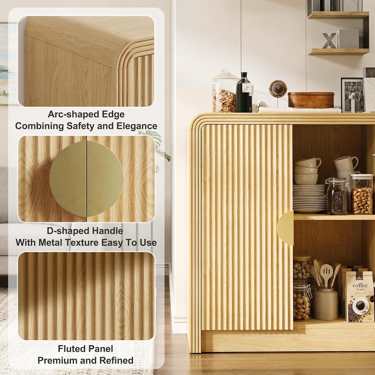 Decofy 55" Sideboard Buffet Cabinet, Mid Century Modern Console Cabinet with Wavy Grain Doors & Adjustable Shelves for Kitchen Buffet Cabinet, Living Room, Entryway, Coffee Bar Cabinet (Natural Oak)