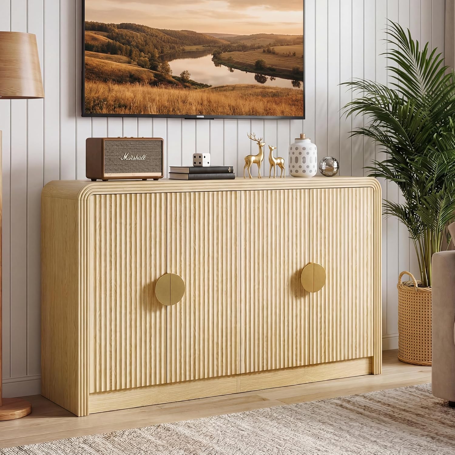 Decofy 55" Sideboard Buffet Cabinet, Mid Century Modern Console Cabinet with Wavy Grain Doors & Adjustable Shelves for Kitchen Buffet Cabinet, Living Room, Entryway, Coffee Bar Cabinet (Natural Oak)