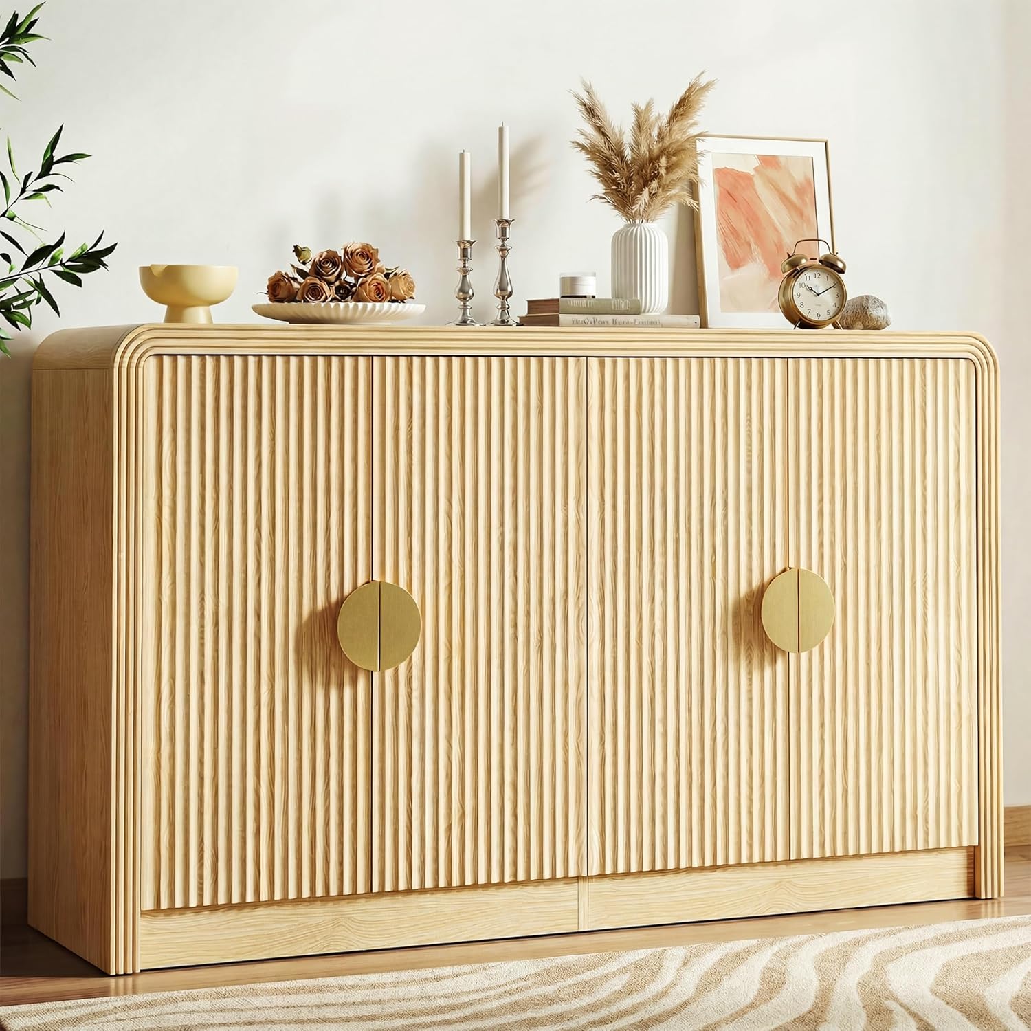 Decofy 55" Sideboard Buffet Cabinet, Mid Century Modern Console Cabinet with Wavy Grain Doors & Adjustable Shelves for Kitchen Buffet Cabinet, Living Room, Entryway, Coffee Bar Cabinet (Natural Oak)