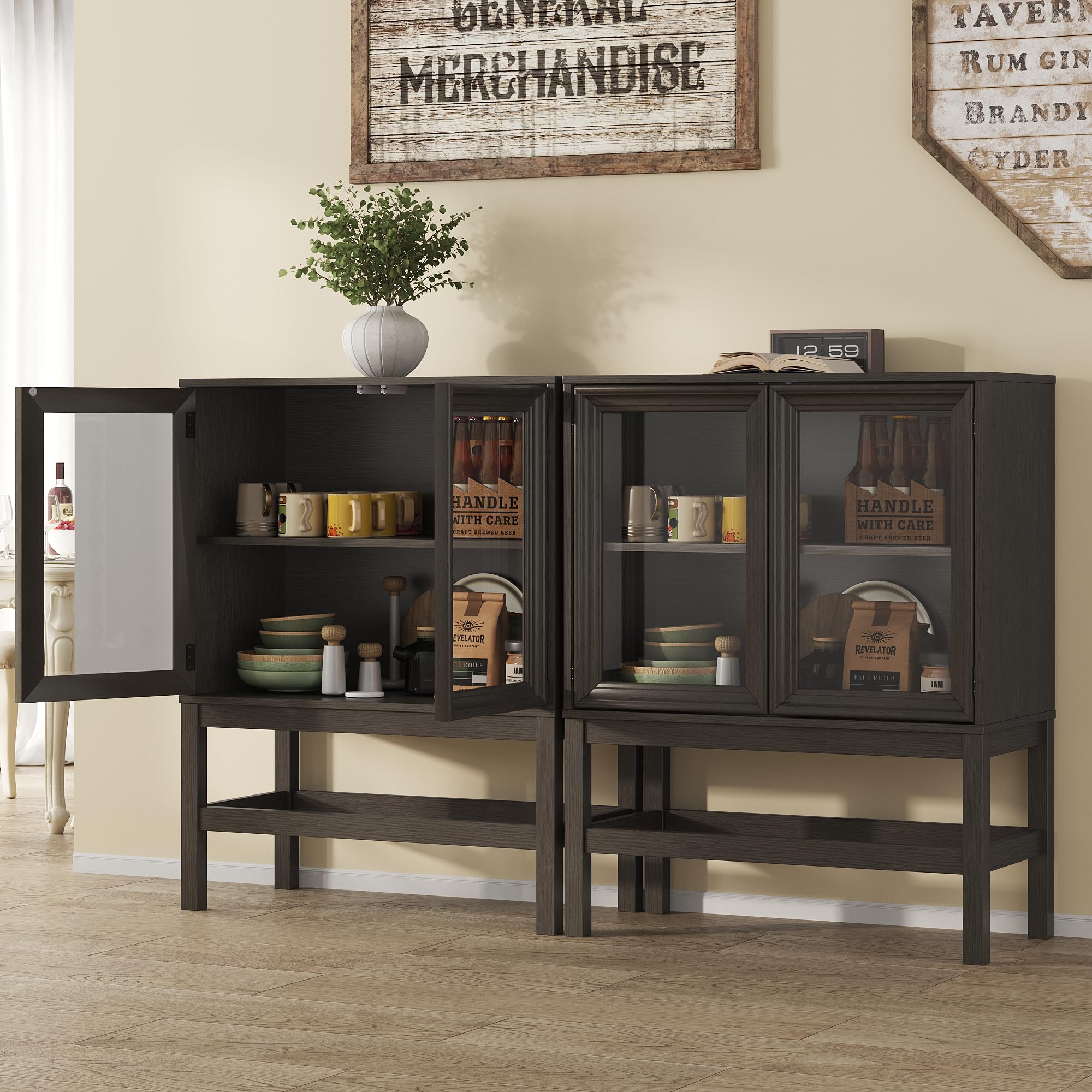 Sideboard Buffet Cabinet with Storage, Large Kitchen Coffee Wine Bar Cabinet with Glass Press-to-Open Doors, Wood Mid Century Modern Side Board Table for Dining Room, Living Room