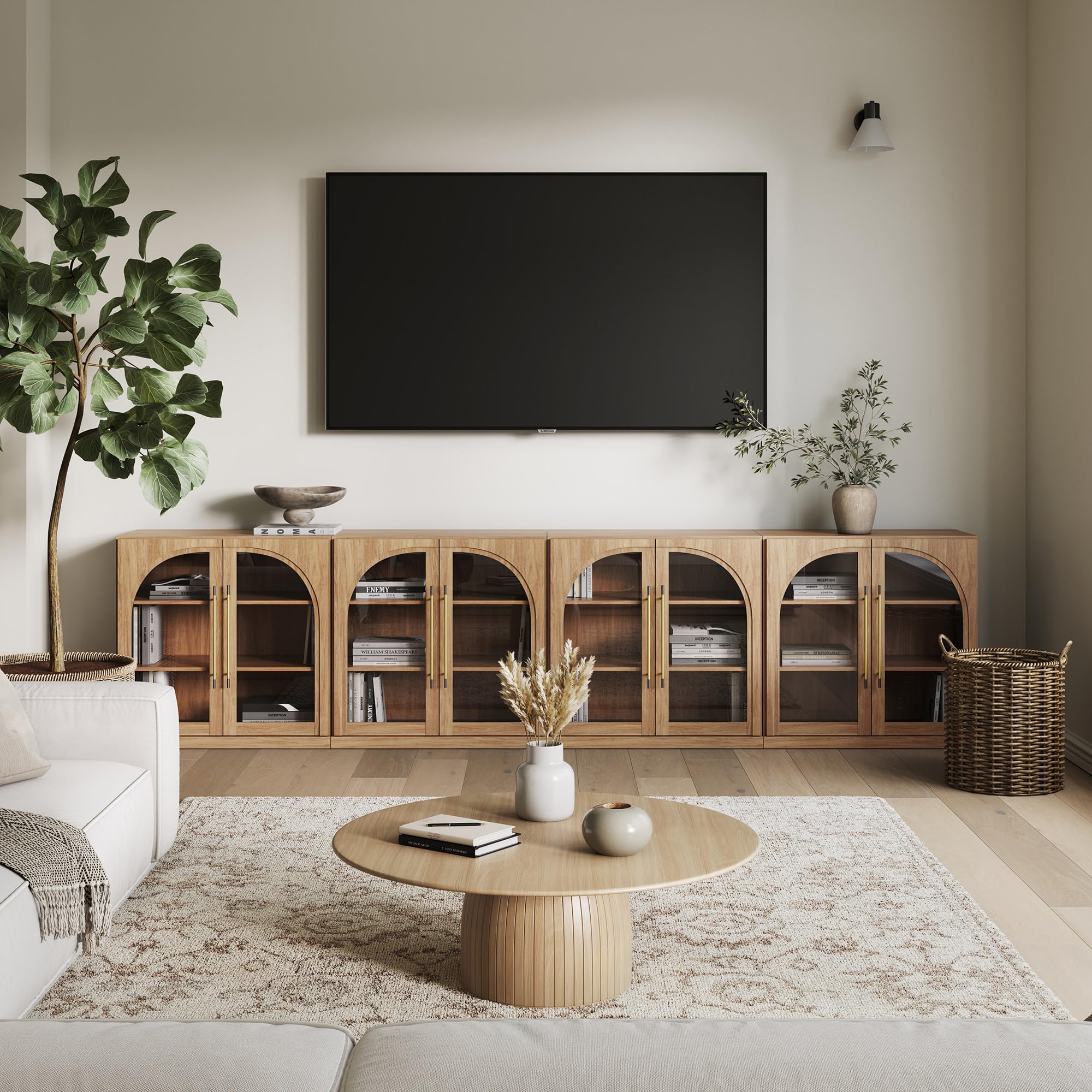 BELLEZE 65" Arched Sideboard with Glass Door, Accent Buffet Cabinet with Storage and Adjustable Shelves, Classic Modern Large Console Table for Dining Room Living Room Entryway (Camel)