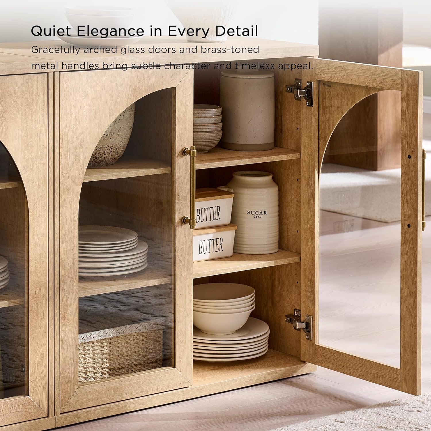 ACCOHOHO Glass Arched Door Sideboard Buffet Cabinet Set of 2, Accent Cabinet with Adjustable Shelf, Wood Modular Credenza Storage Cabinet for Dining Room, Living Room, Entryway, Natural Oak