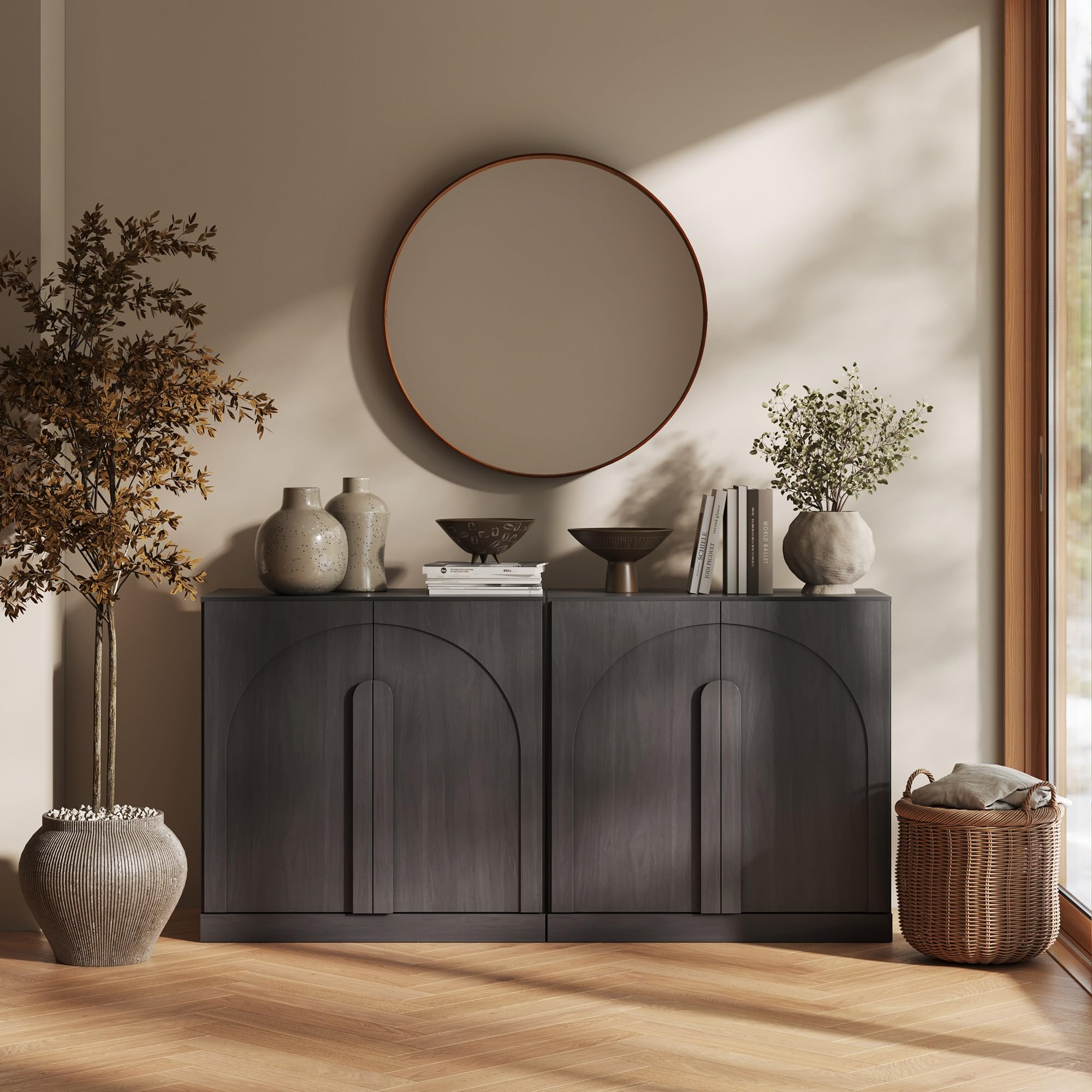 BELLEZE 65" Arched Sideboard with Glass Door, Accent Buffet Cabinet with Storage and Adjustable Shelves, Classic Modern Large Console Table for Dining Room Living Room Entryway (Ebony)