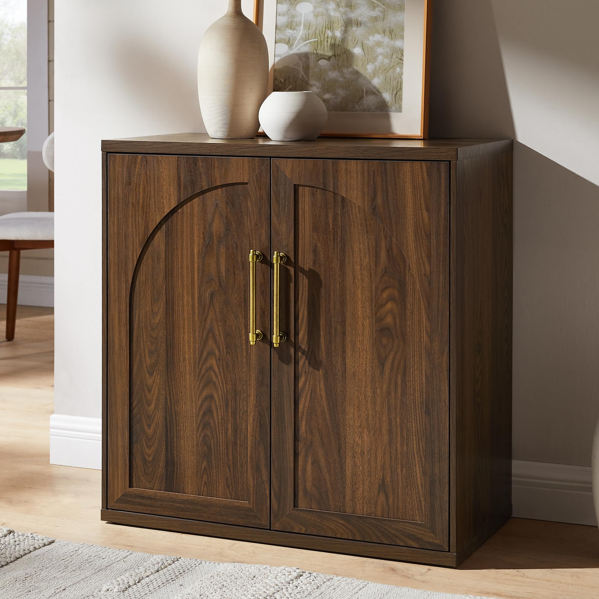 ACCOHOHO Glass Arched Door Sideboard Buffet Cabinet Set of 2, Accent Cabinet with Adjustable Shelf, Wood Modular Credenza Storage Cabinet for Dining Room, Living Room, Entryway, Natural Oak