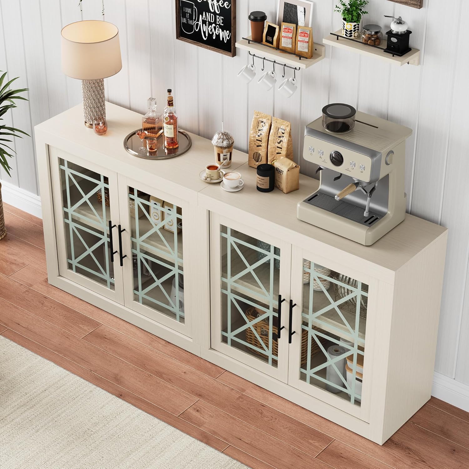 GarveeHome 71" White Buffet Sideboard with Storage, Modern Tall Coffee Bar Cabinet with 4 Glass Doors, Large Kitchen Buffet Table for Dining Room, Living Room, Entryway