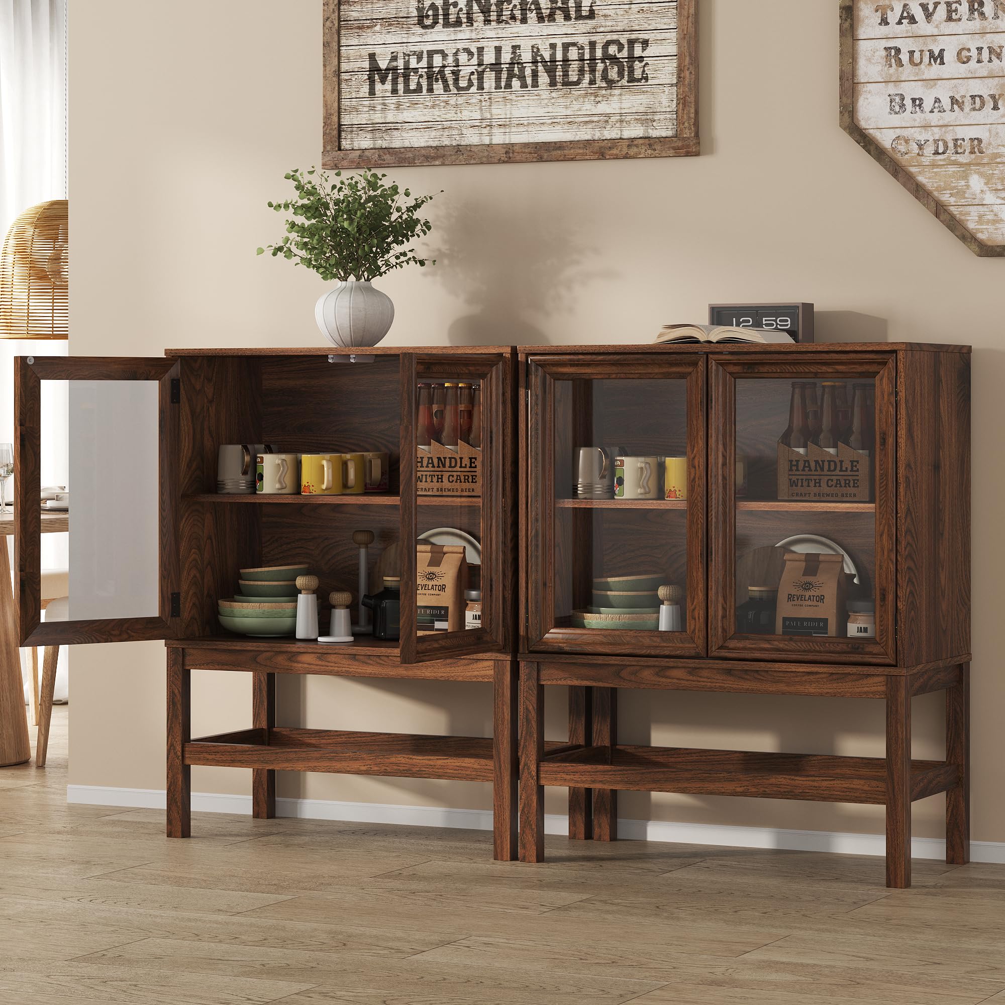 Sideboard Buffet Cabinet with Storage, Large Kitchen Coffee Wine Bar Cabinet with Glass Press-to-Open Doors, Wood Mid Century Modern Side Board Table for Dining Room, Living Room