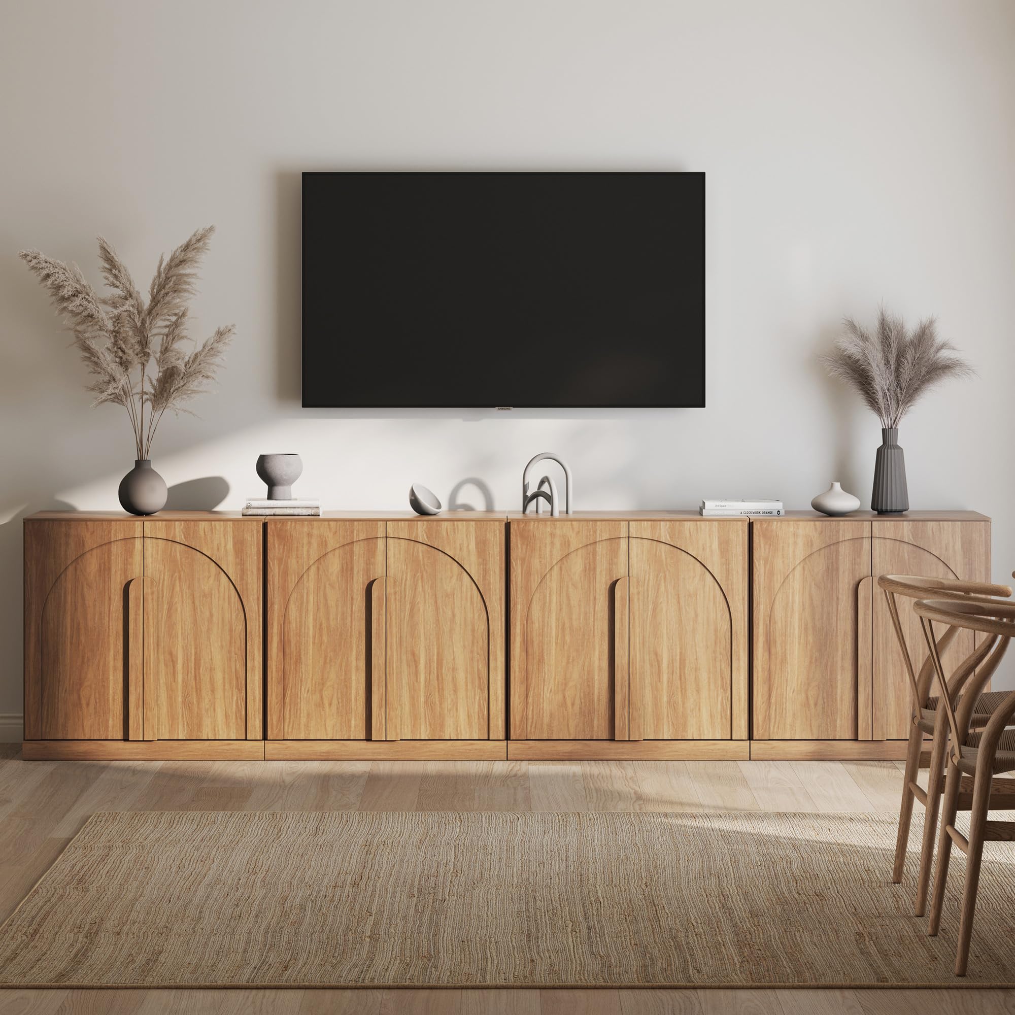 BELLEZE 65" Arched Sideboard with Glass Door, Accent Buffet Cabinet with Storage and Adjustable Shelves, Classic Modern Large Console Table for Dining Room Living Room Entryway (Ebony)