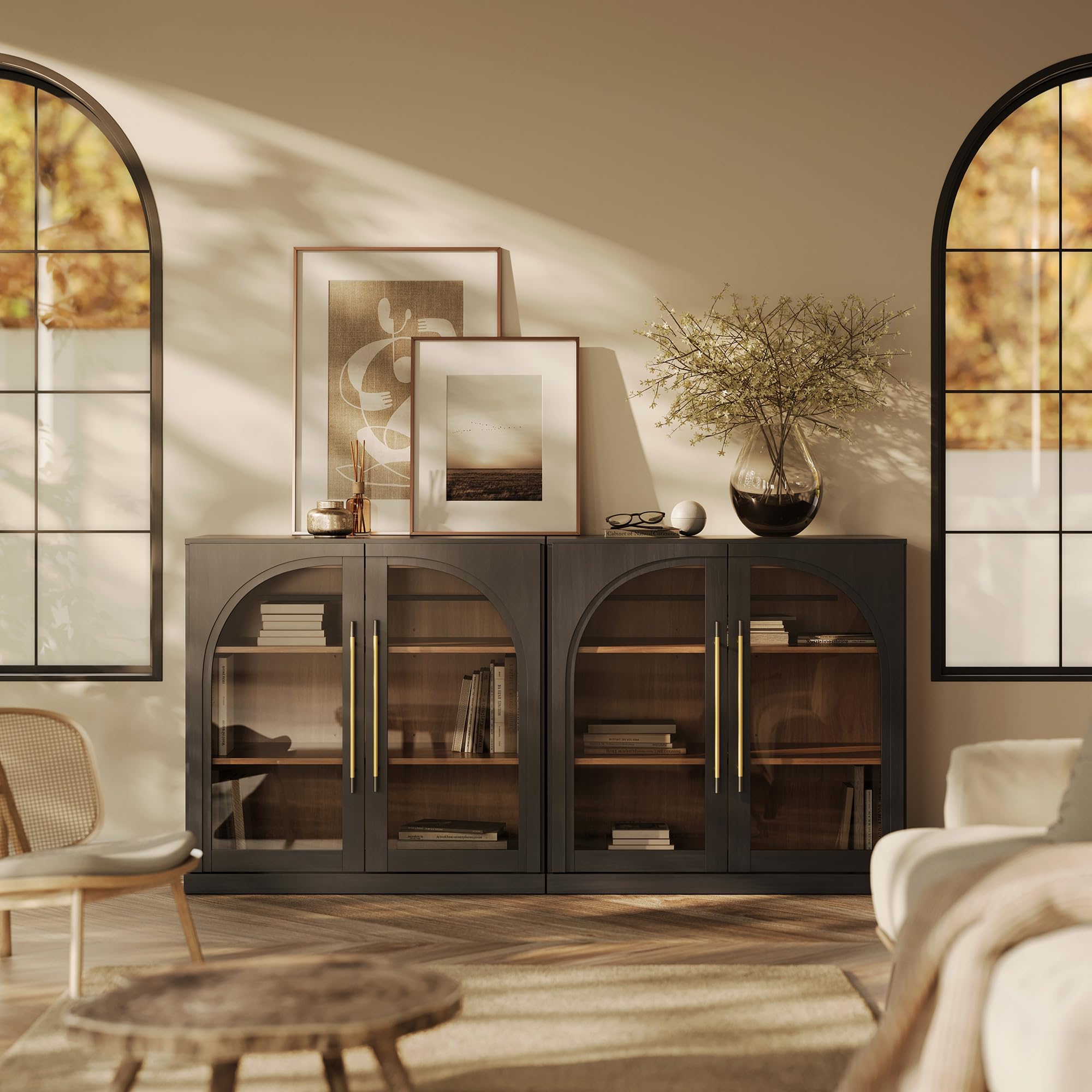 BELLEZE 65" Arched Sideboard with Glass Door, Accent Buffet Cabinet with Storage and Adjustable Shelves, Classic Modern Large Console Table for Dining Room Living Room Entryway (Camel)