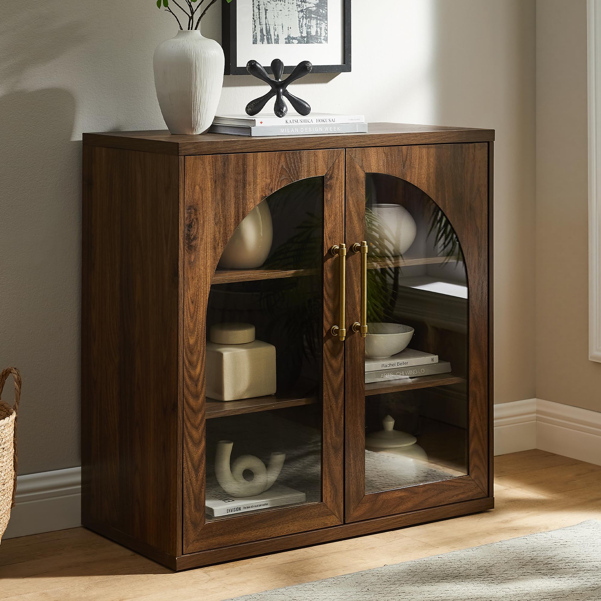 ACCOHOHO Glass Arched Door Sideboard Buffet Cabinet Set of 2, Accent Cabinet with Adjustable Shelf, Wood Modular Credenza Storage Cabinet for Dining Room, Living Room, Entryway, Natural Oak