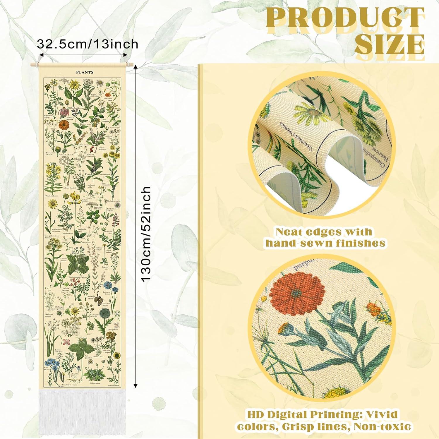 Tegeme Vintage Tapestry 52 x 13 Inch, Long Vertical Wall Hanging Reference Illustrative Botanical Tassel Tapestry for Bedroom Living Room Home Decoration(Plants)