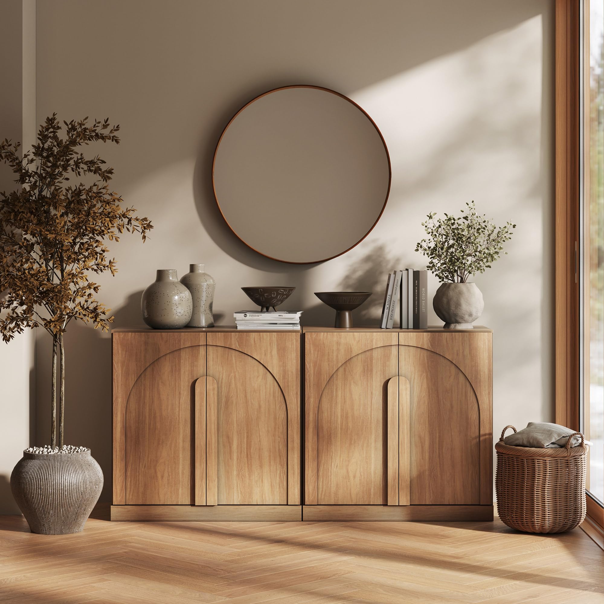 BELLEZE 65" Arched Sideboard with Glass Door, Accent Buffet Cabinet with Storage and Adjustable Shelves, Classic Modern Large Console Table for Dining Room Living Room Entryway (Ebony)