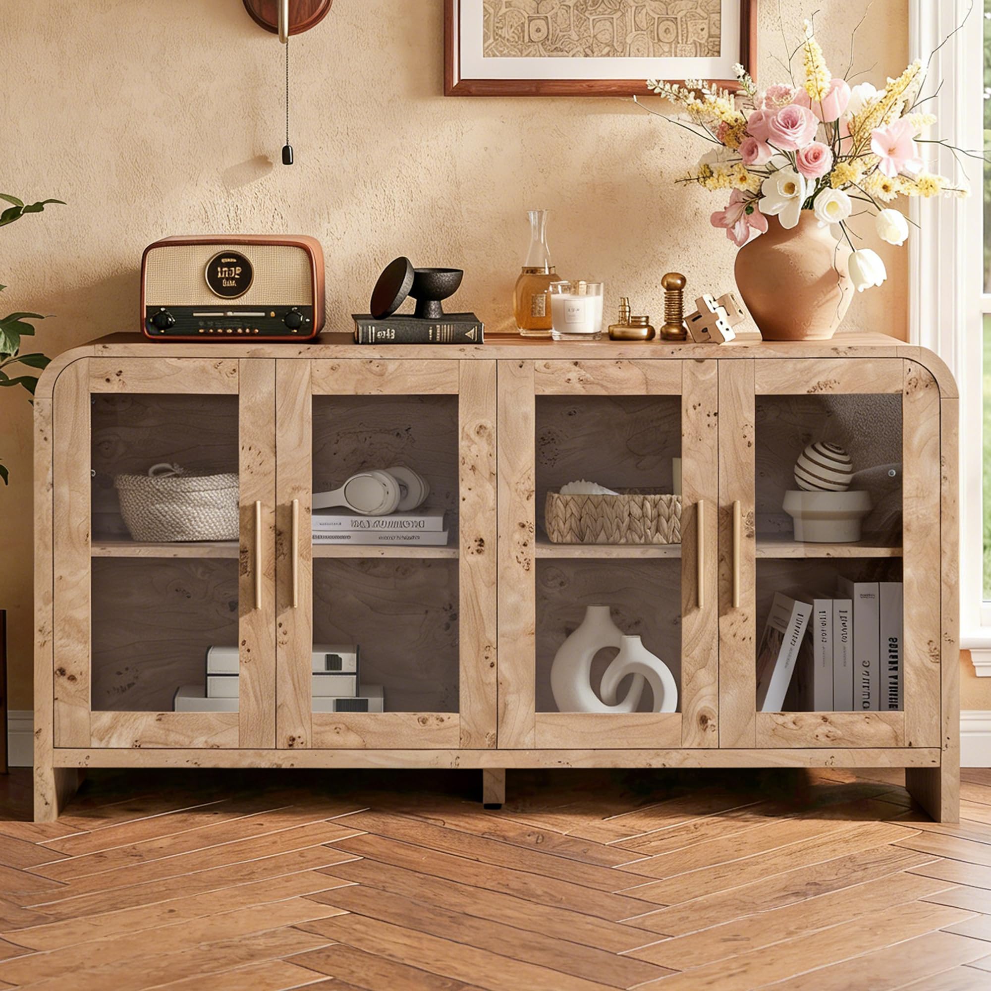 59" Sideboard Buffet Cabinet with Storage, Sideboard Cabinet with Adjustable Shelves & 4 Glass Doors,Coffee Bar Console Table for Kitchen, Living Room, Entryway (Natural Oak)