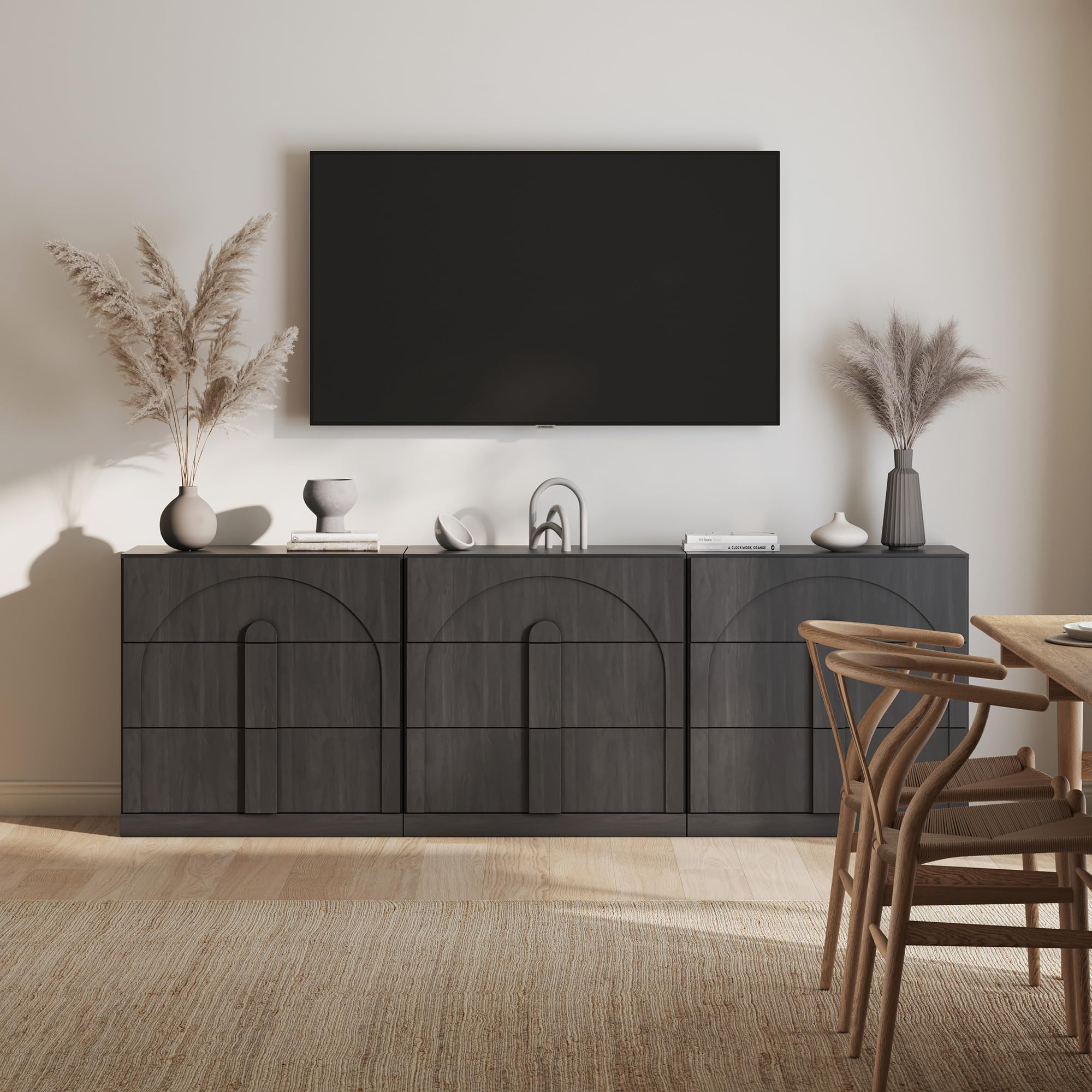 BELLEZE 65" Arched Sideboard with Glass Door, Accent Buffet Cabinet with Storage and Adjustable Shelves, Classic Modern Large Console Table for Dining Room Living Room Entryway (Camel)