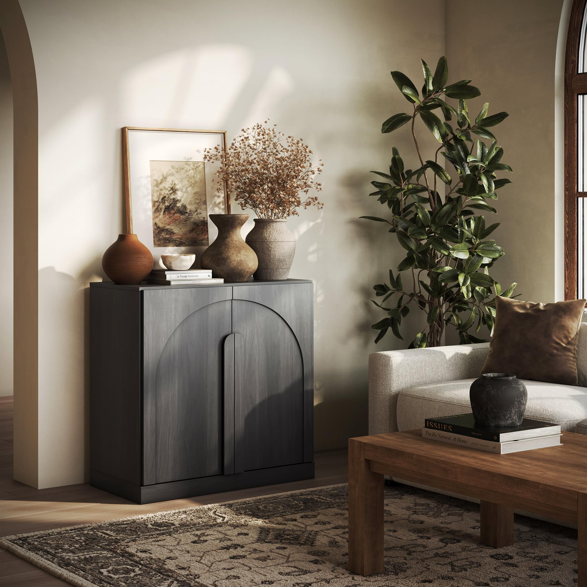 BELLEZE 65" Arched Sideboard with Glass Door, Accent Buffet Cabinet with Storage and Adjustable Shelves, Classic Modern Large Console Table for Dining Room Living Room Entryway (Camel)