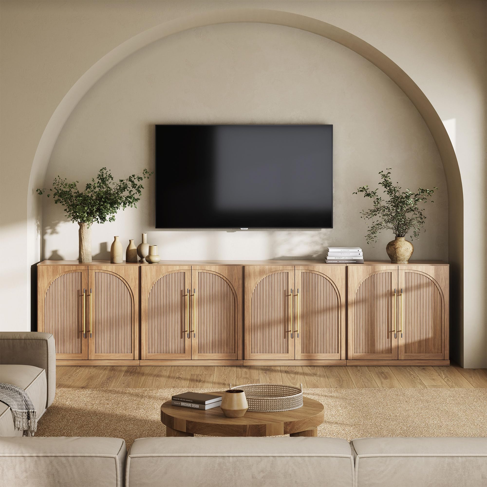 BELLEZE 65" Arched Sideboard with Glass Door, Accent Buffet Cabinet with Storage and Adjustable Shelves, Classic Modern Large Console Table for Dining Room Living Room Entryway (Ebony)