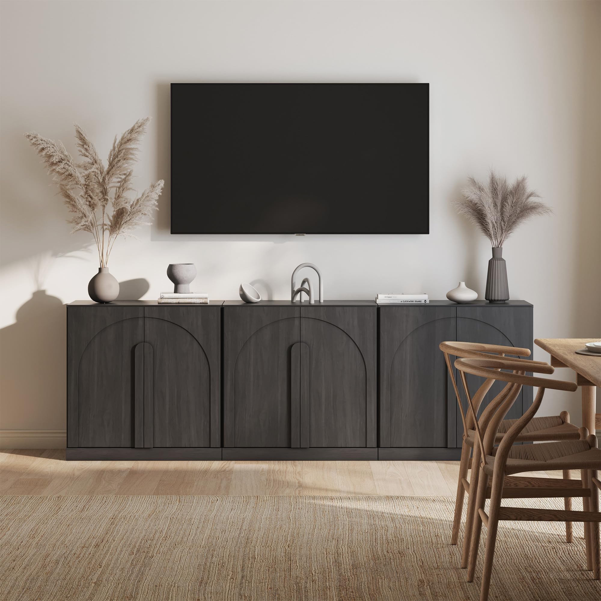 BELLEZE 65" Arched Sideboard with Glass Door, Accent Buffet Cabinet with Storage and Adjustable Shelves, Classic Modern Large Console Table for Dining Room Living Room Entryway (Camel)