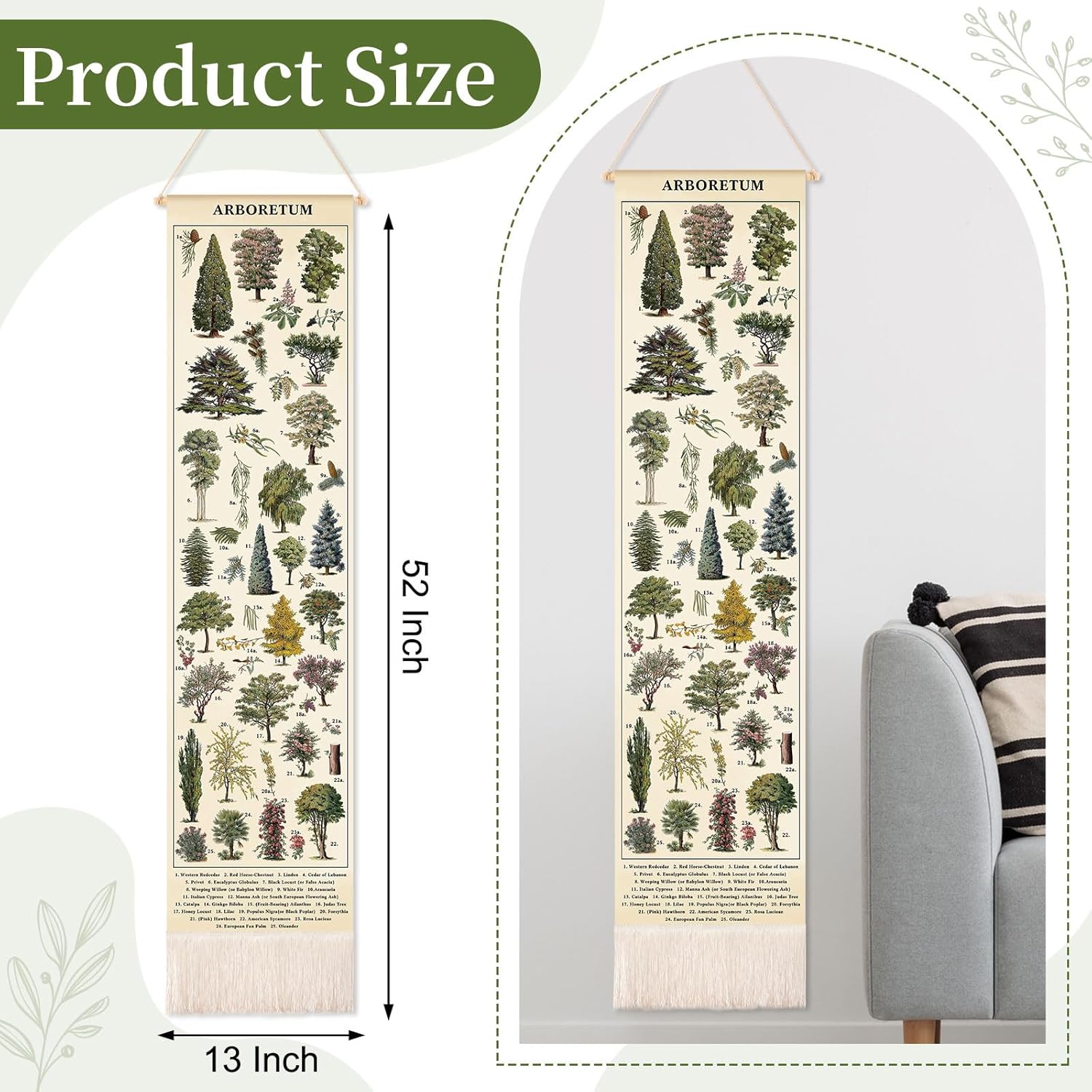 Feifeiya Vintage Plants Vertical Tapestry Wall Hanging Long Narrow Wall Art Fabric Earthy Art Hanging Reference Illustrative Botanical Tassel Tapestry for Plant Lovers