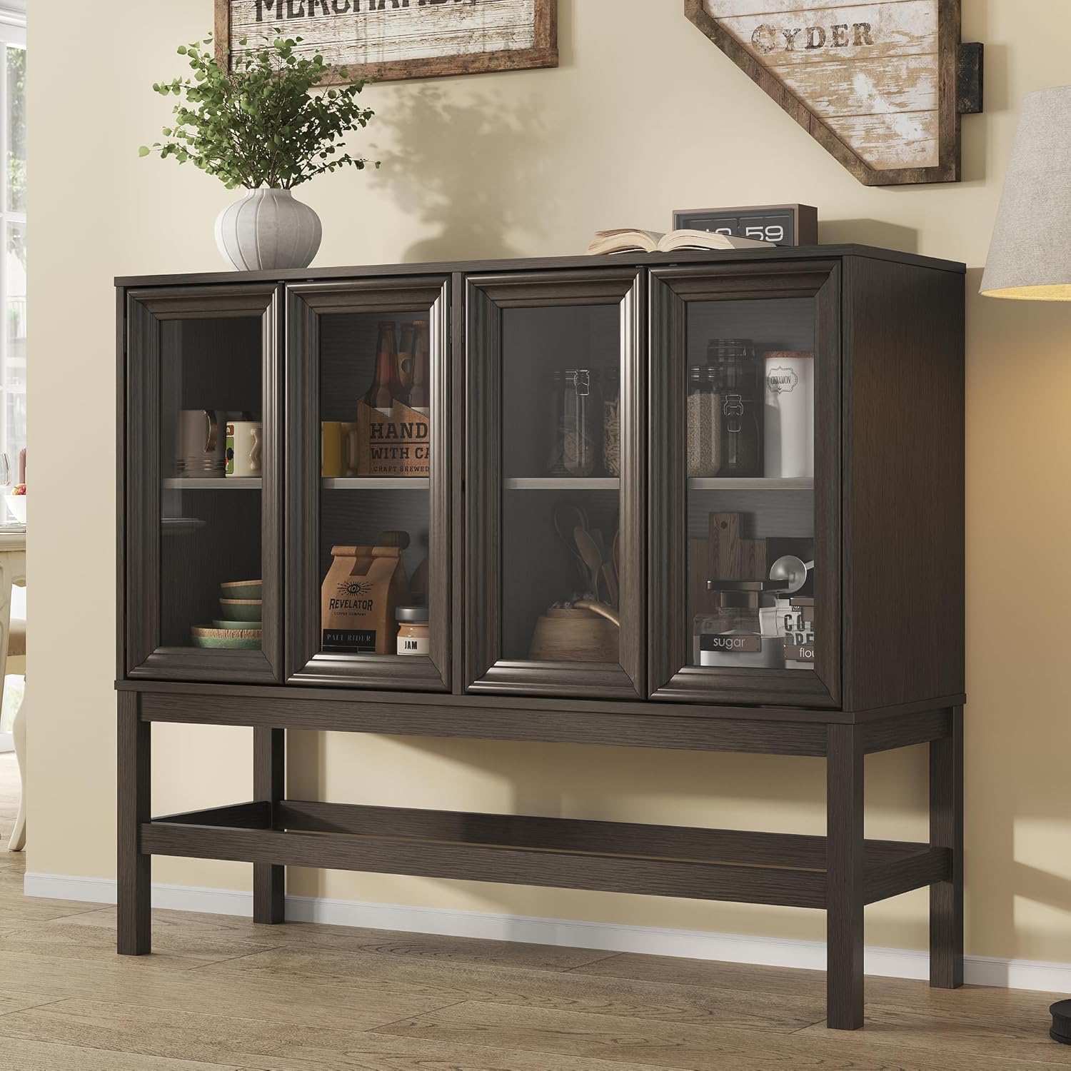 Sideboard Buffet Cabinet with Storage, Large Kitchen Coffee Wine Bar Cabinet with Glass Press-to-Open Doors, Wood Mid Century Modern Side Board Table for Dining Room, Living Room