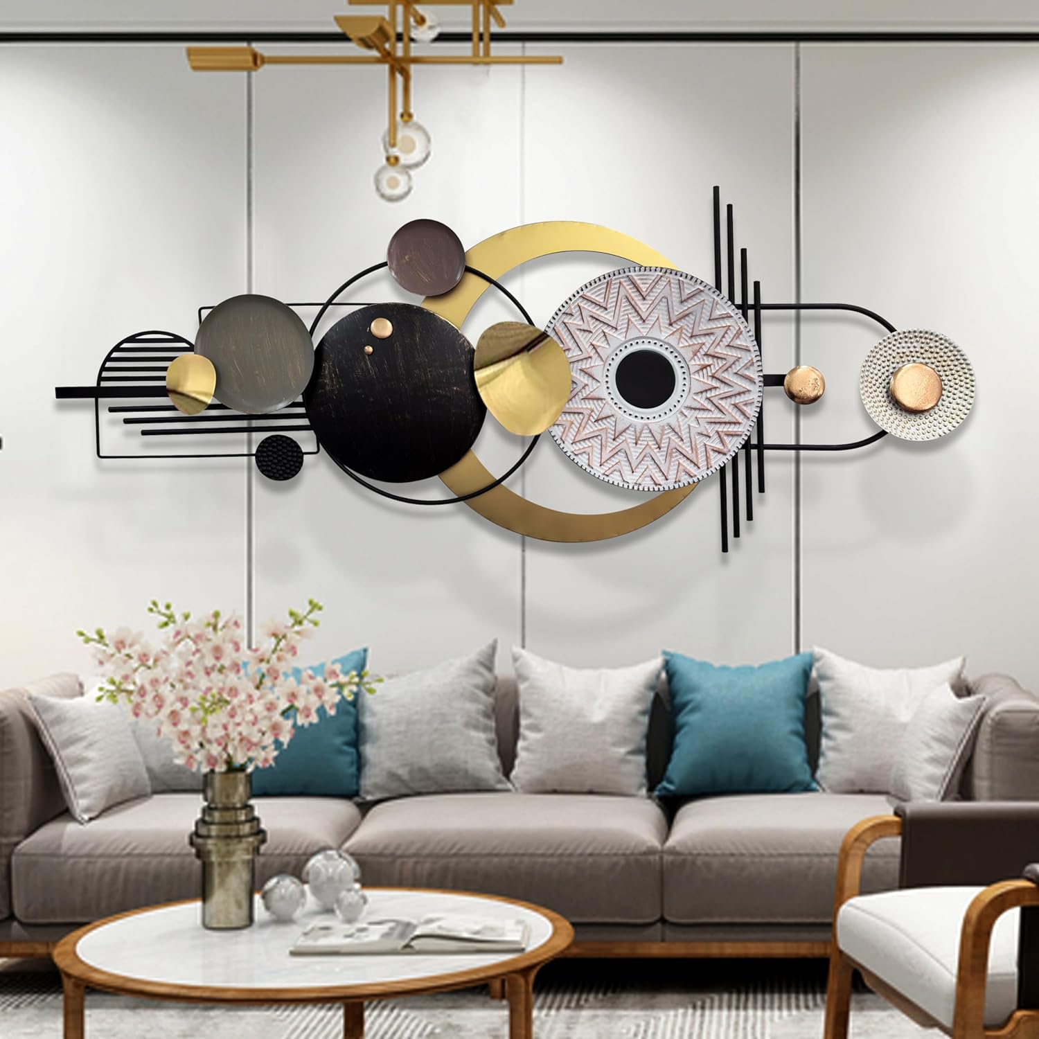 ERMOFAV Wall Decor,Modern Creative Metal Geometric Circular Decor Wall Art, 59x24 In Large 3D Textured Metal Wall Sculptures, Living Room Bedroom Den Aesthetic Wall Art Decor