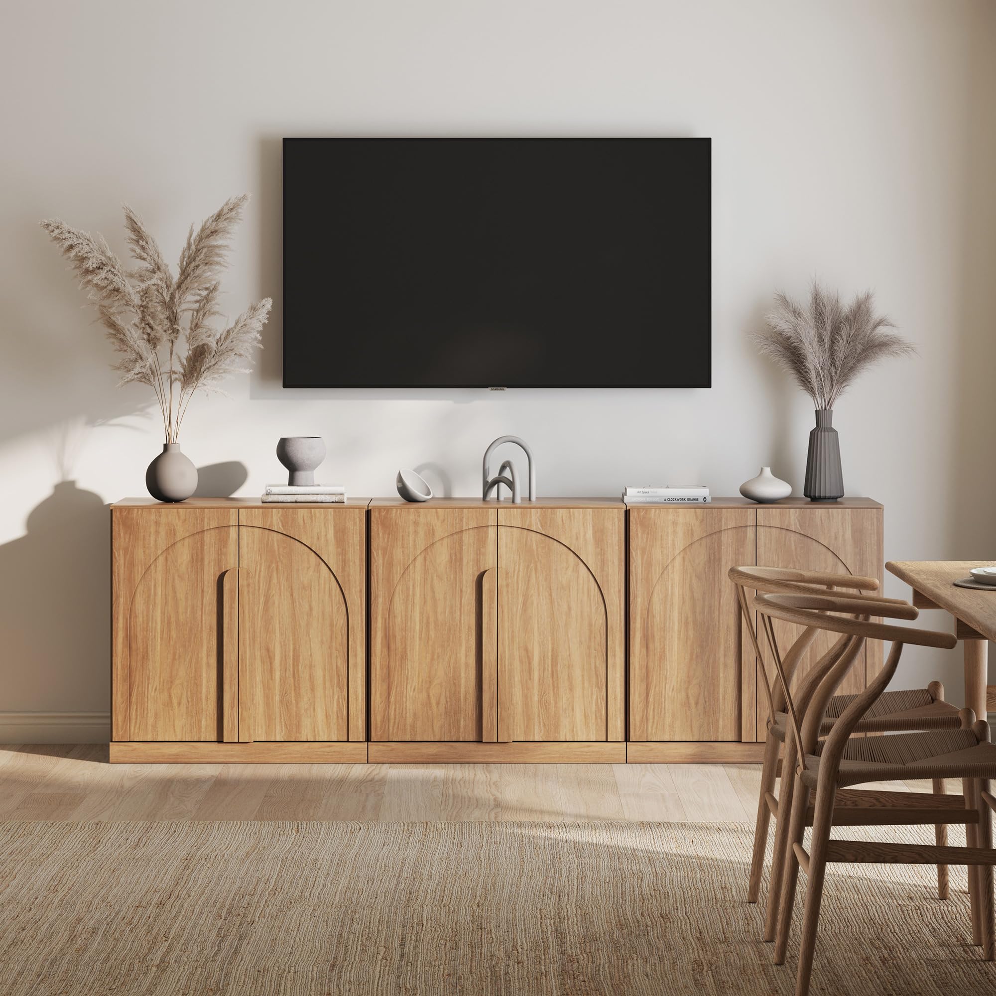 BELLEZE 65" Arched Sideboard with Glass Door, Accent Buffet Cabinet with Storage and Adjustable Shelves, Classic Modern Large Console Table for Dining Room Living Room Entryway (Ebony)