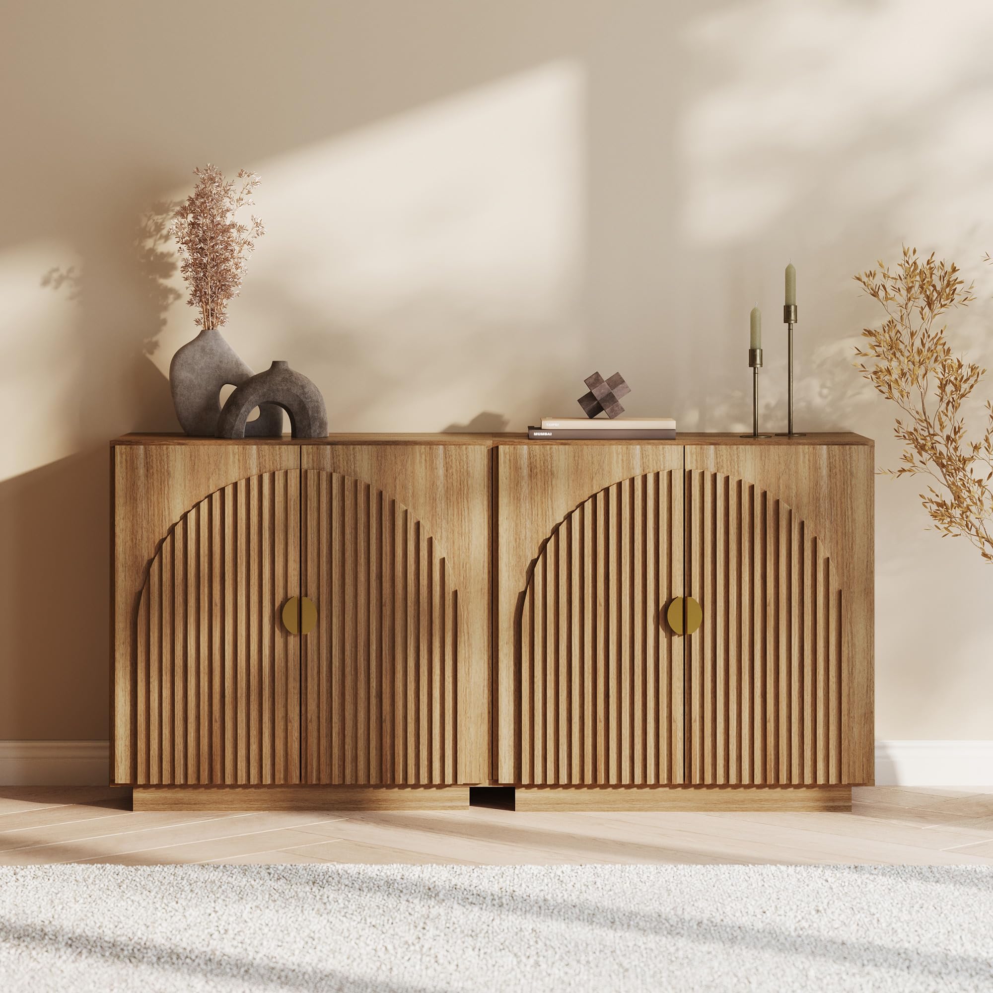 BELLEZE 65" Arched Sideboard with Glass Door, Accent Buffet Cabinet with Storage and Adjustable Shelves, Classic Modern Large Console Table for Dining Room Living Room Entryway (Ebony)