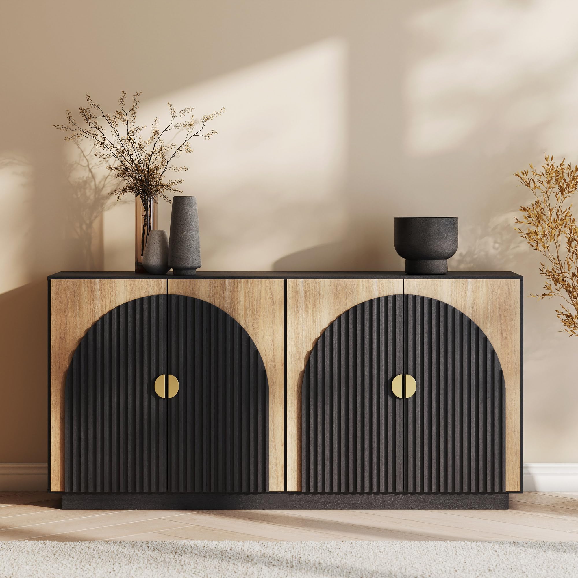 BELLEZE 65" Arched Sideboard with Glass Door, Accent Buffet Cabinet with Storage and Adjustable Shelves, Classic Modern Large Console Table for Dining Room Living Room Entryway (Ebony)