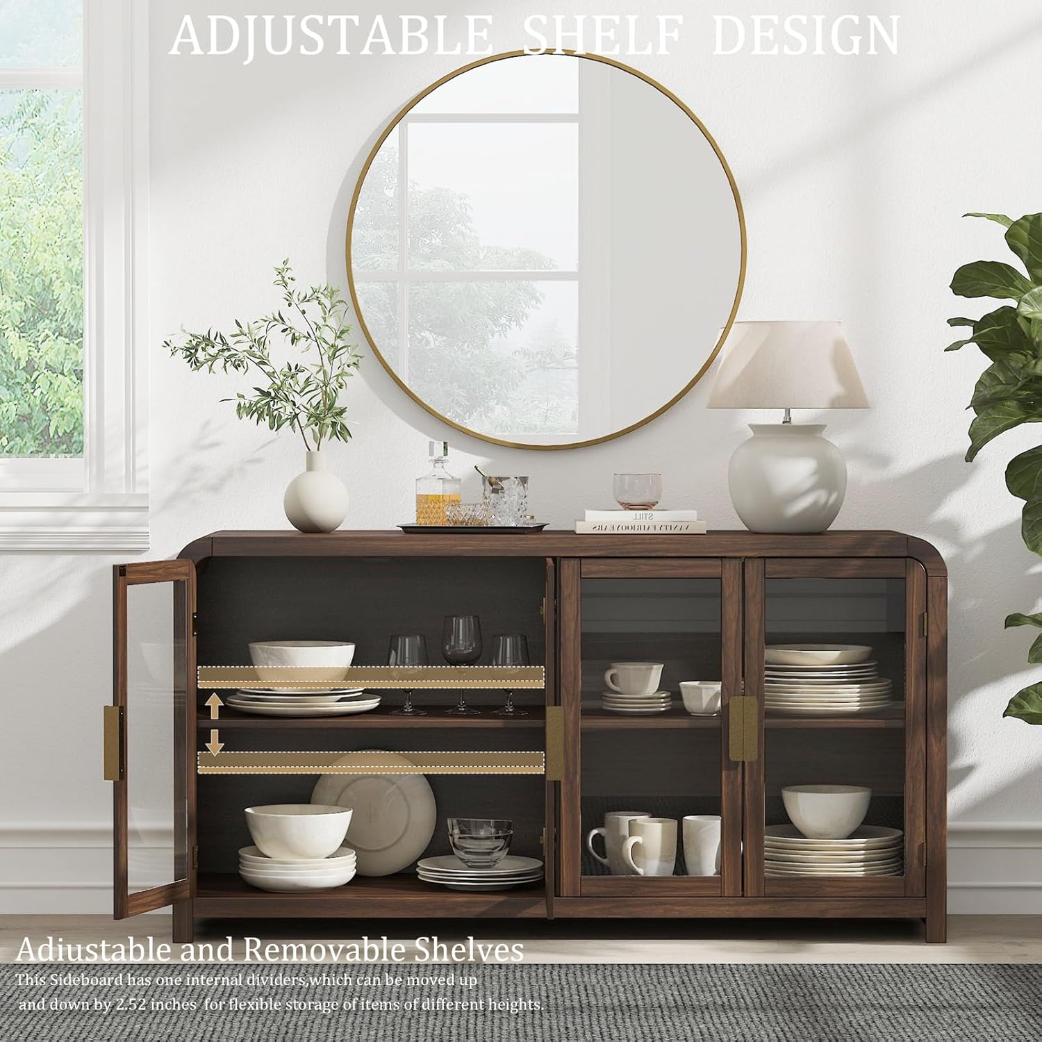 Oak&Sparrow Oak Sideboard Buffet Cabinet with Storage, 60'' Boho Buffets & Sideboards with Adjustable Shelves, Sideboard Cabinet with 4 Glass Doors for Living Room, Hallway & Kitchen