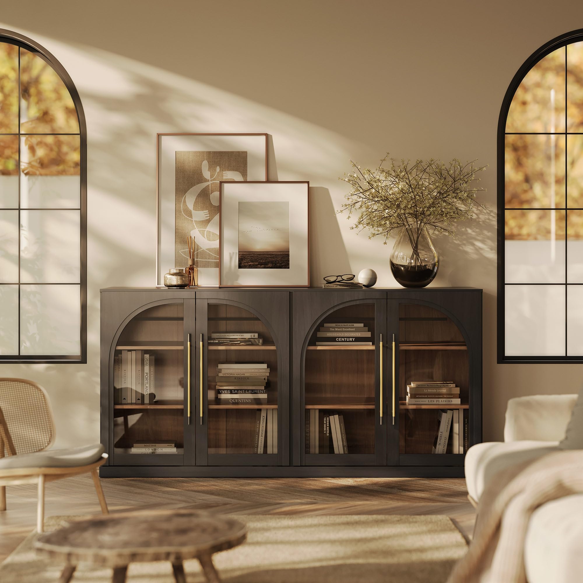 BELLEZE 65" Arched Sideboard with Glass Door, Accent Buffet Cabinet with Storage and Adjustable Shelves, Classic Modern Large Console Table for Dining Room Living Room Entryway (Camel)