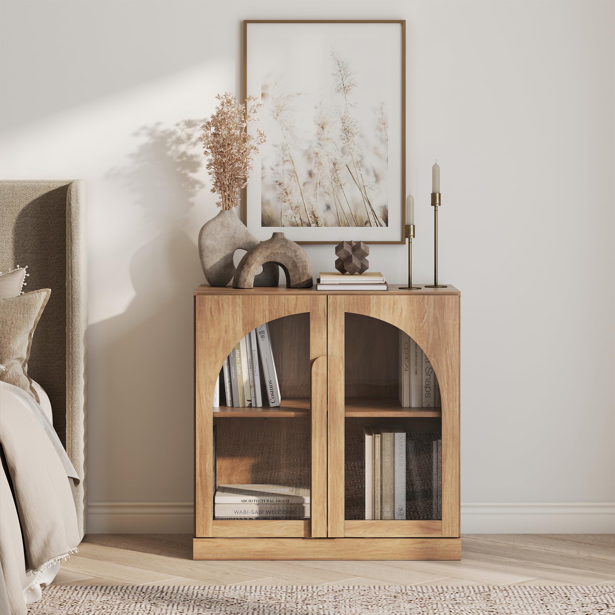 BELLEZE 65" Arched Sideboard with Glass Door, Accent Buffet Cabinet with Storage and Adjustable Shelves, Classic Modern Large Console Table for Dining Room Living Room Entryway (Camel)