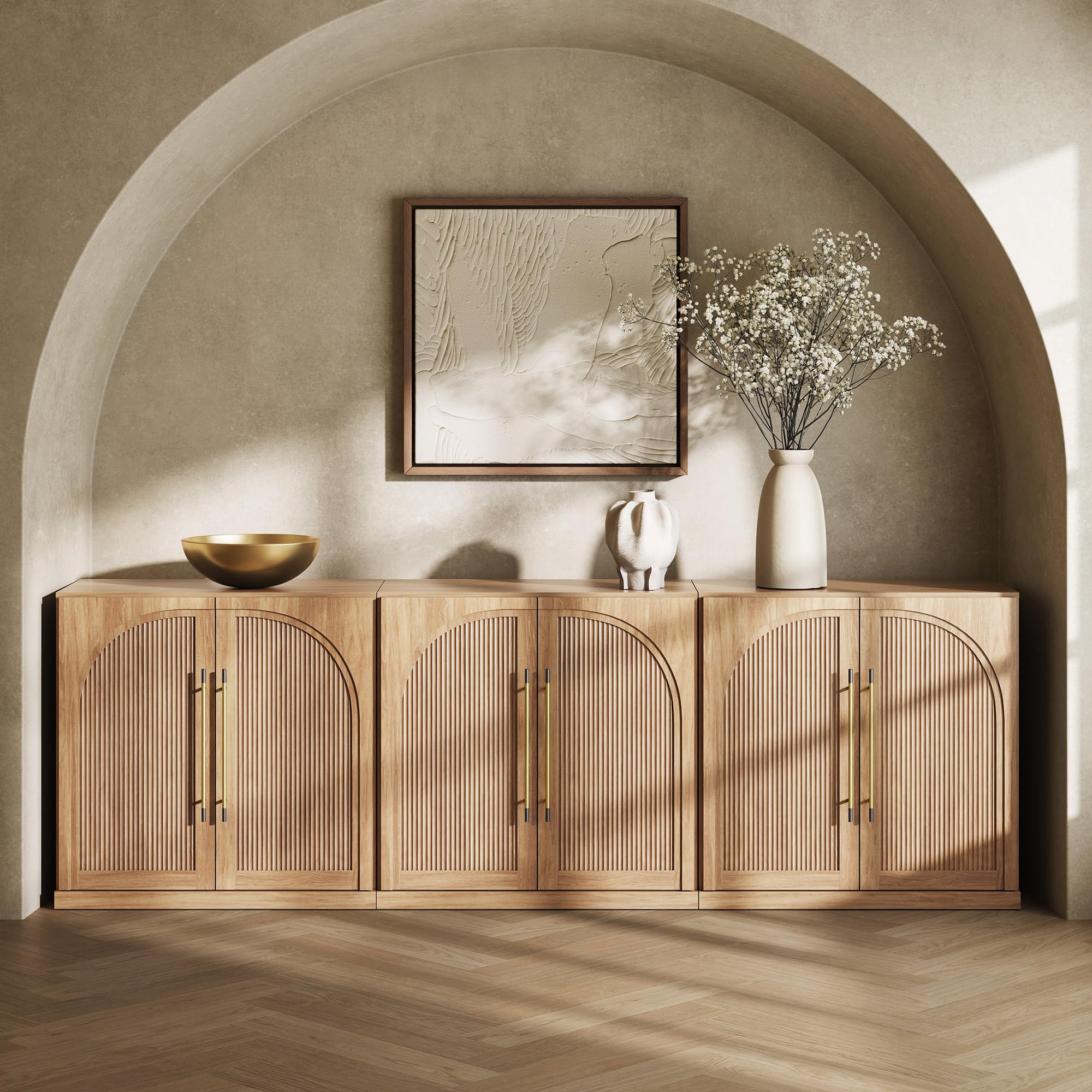 BELLEZE 65" Arched Sideboard with Glass Door, Accent Buffet Cabinet with Storage and Adjustable Shelves, Classic Modern Large Console Table for Dining Room Living Room Entryway (Ebony)