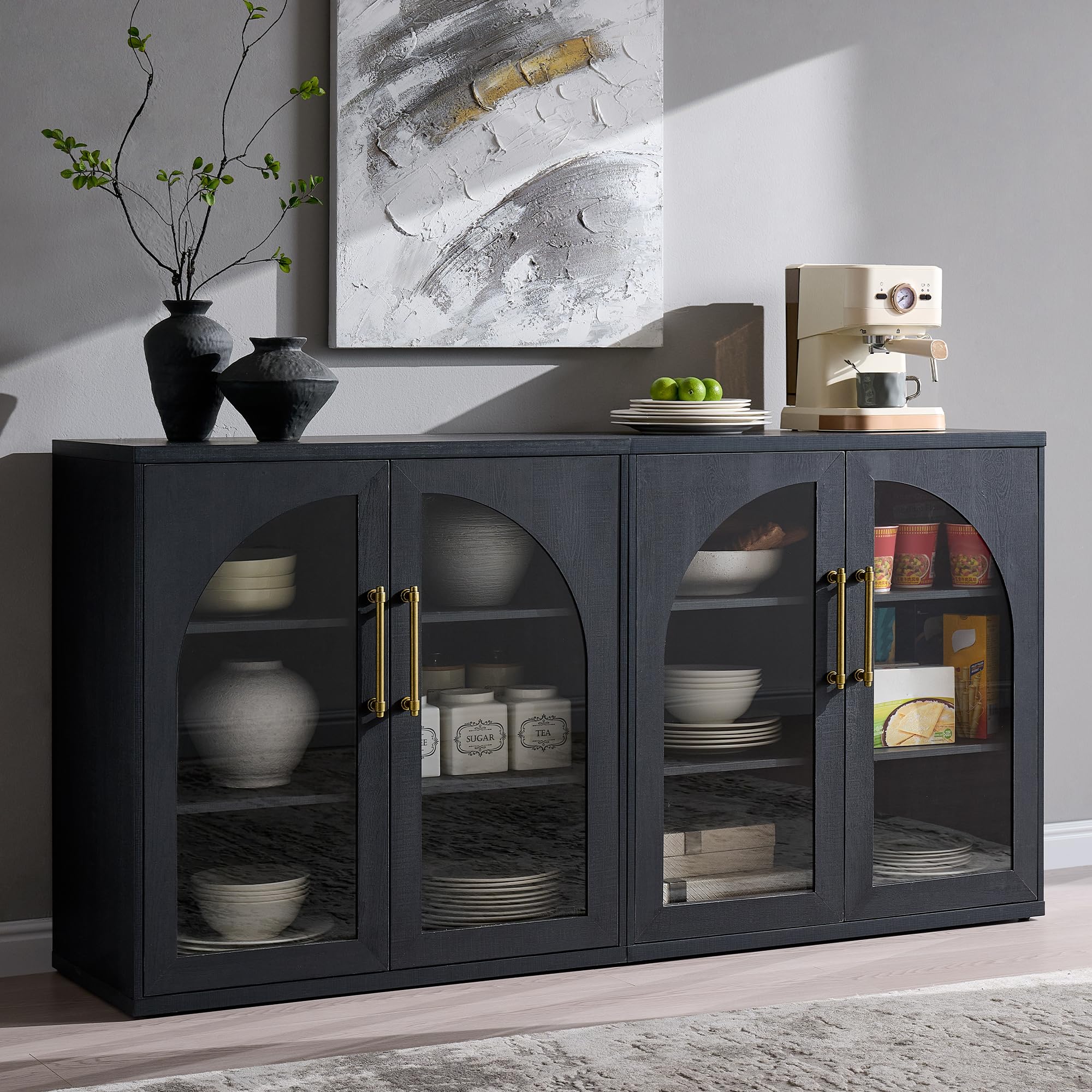 ACCOHOHO Glass Arched Door Sideboard Buffet Cabinet Set of 2, Accent Cabinet with Adjustable Shelf, Wood Modular Credenza Storage Cabinet for Dining Room, Living Room, Entryway, Natural Oak